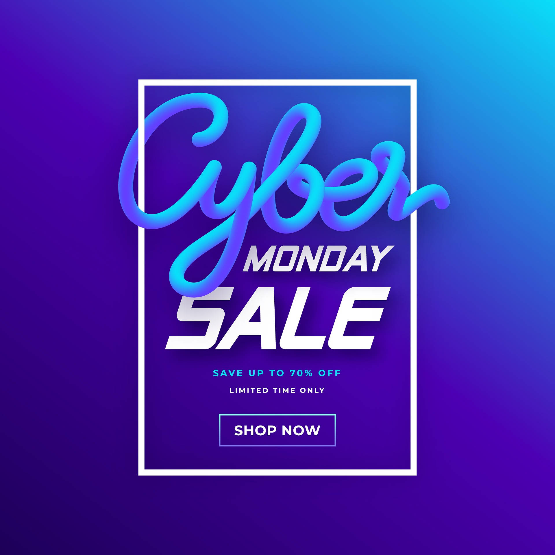 Shopping 桌布 壁紙 — 充滿活力的紫色和藍色漸變背景，帶有粗體3D網絡星期一促銷文字和立即購買按鈕。