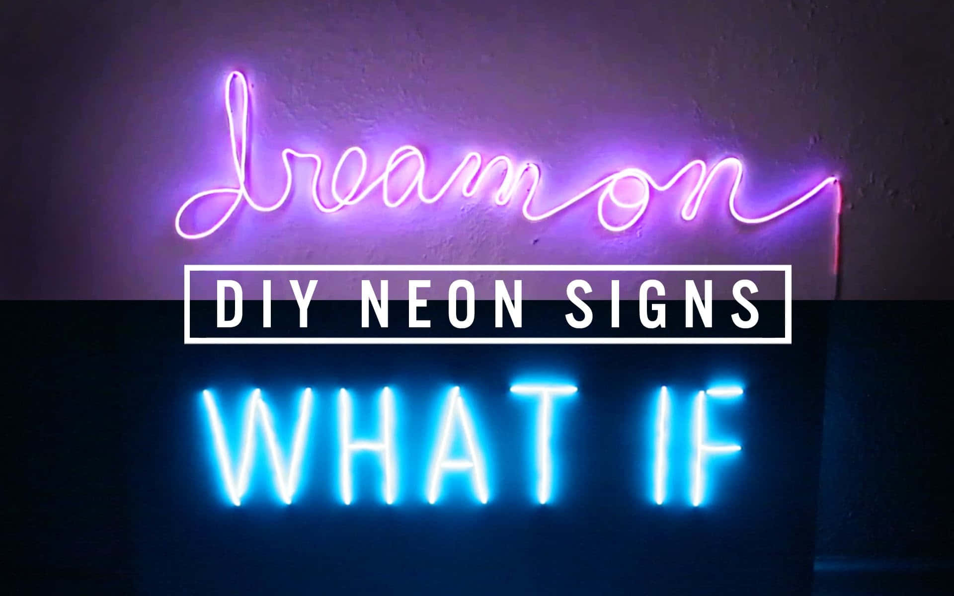 neon sign 桌布 壁紙 — 充滿活力的紫色和藍色霓虹燈在黑暗的牆壁上發光，一個寫著 dreamon，另一個寫著 what if。