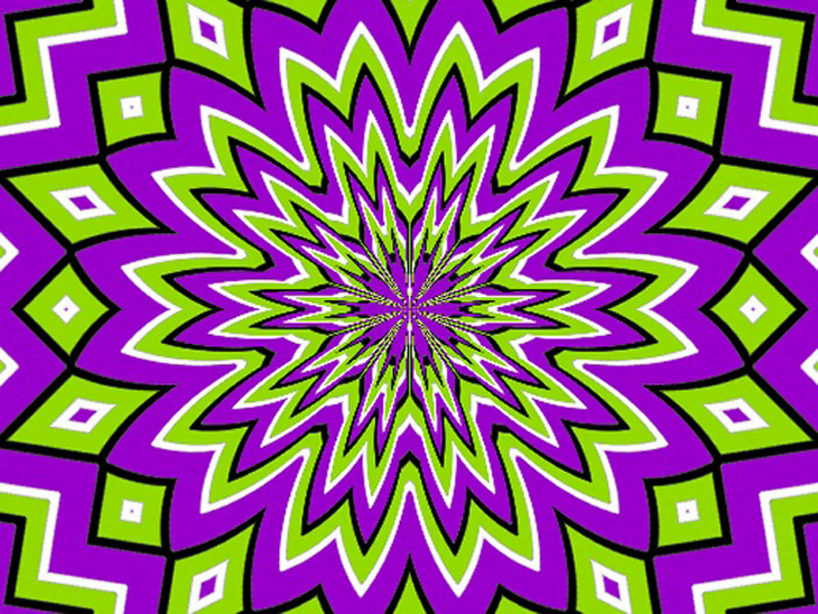 Optical Illusions 桌布 壁紙 — 充滿活力的紫色和青檸綠色幾何圖案以催眠般的星爆對稱向外輻射，帶有粗體的白色輪廓。