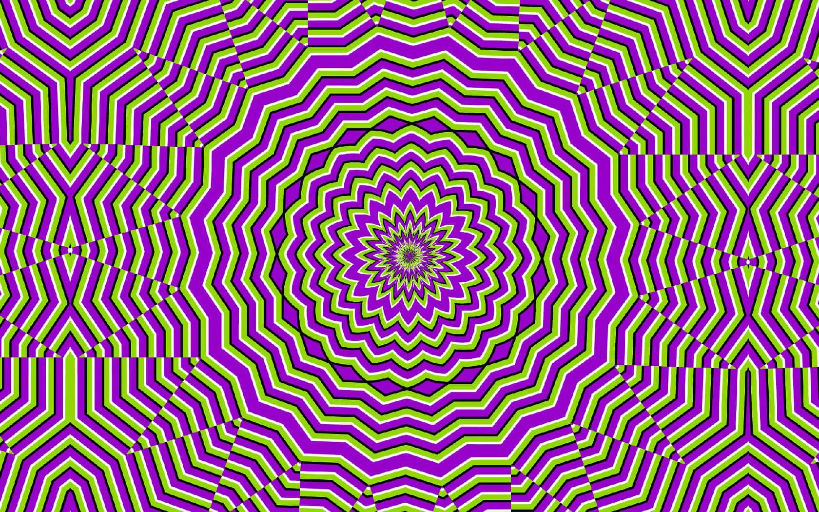 Optical Illusions 桌布 壁紙 — 充滿活力的紫色和青檸綠色鋸齒形圖案從中央的星爆向外輻射，營造出催眠般的視錯覺。
