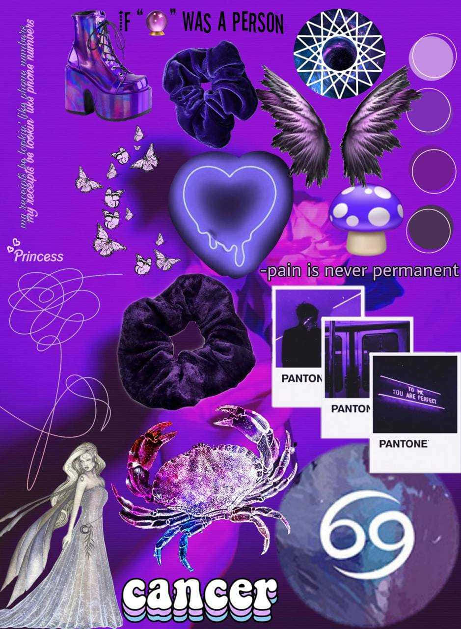cancer 桌布 壁紙 — 充滿活力的紫色拼貼畫，帶有閃亮的蟹翼髮圈和 Pantone 色票，以巨蟹座星座為主題。