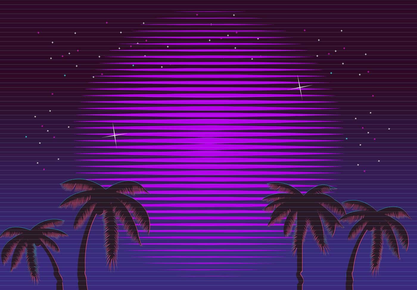80s Retro 桌布 壁紙 — 充滿活力的紫色日落條紋在星空下棕櫚樹的剪影後方發光。