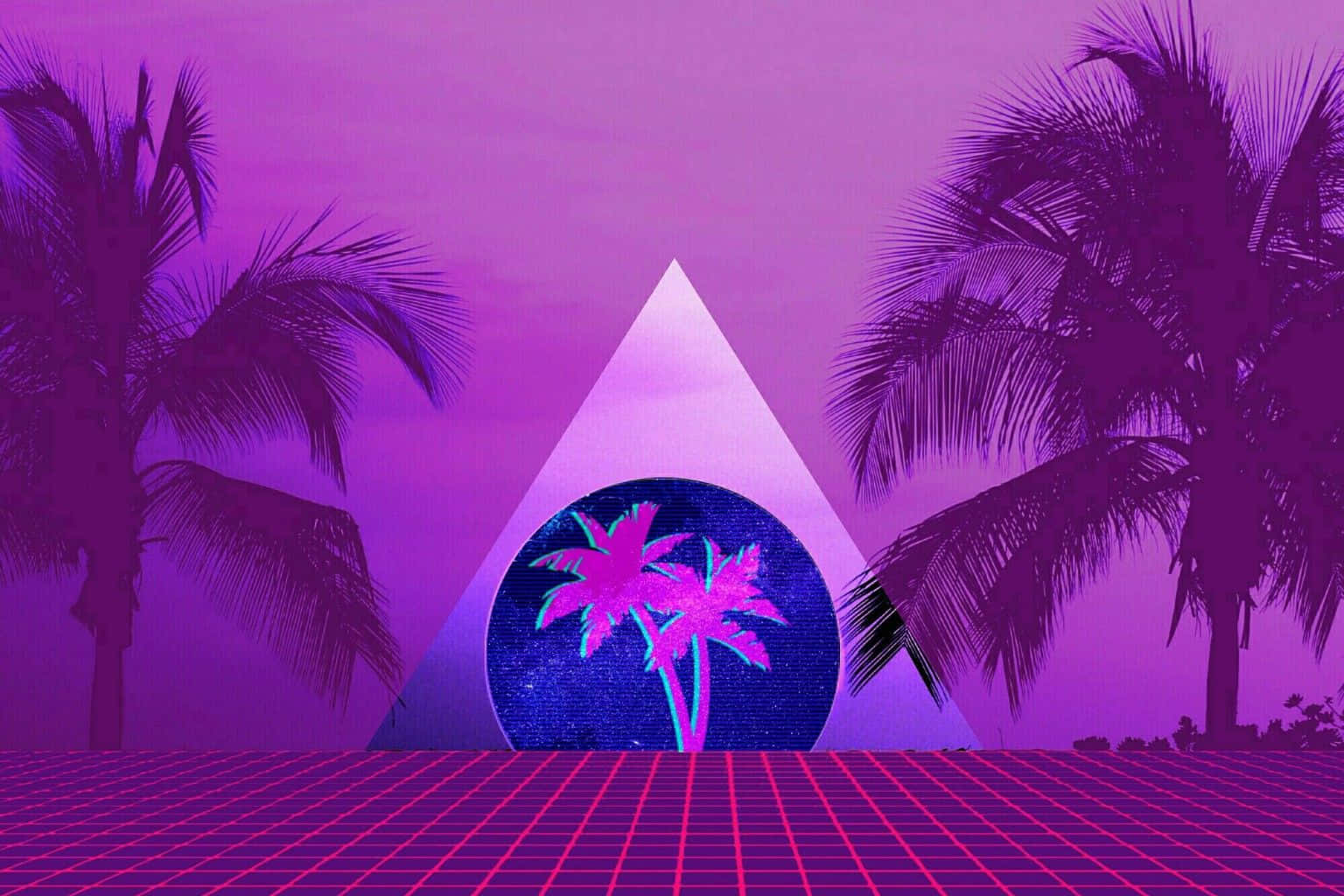 80s Retro 桌布 壁紙 — 充滿活力的紫色棕櫚樹環繞著一個發光的三角形傳送門，在星空宇宙背景下顯現出霓虹棕櫚樹的剪影。