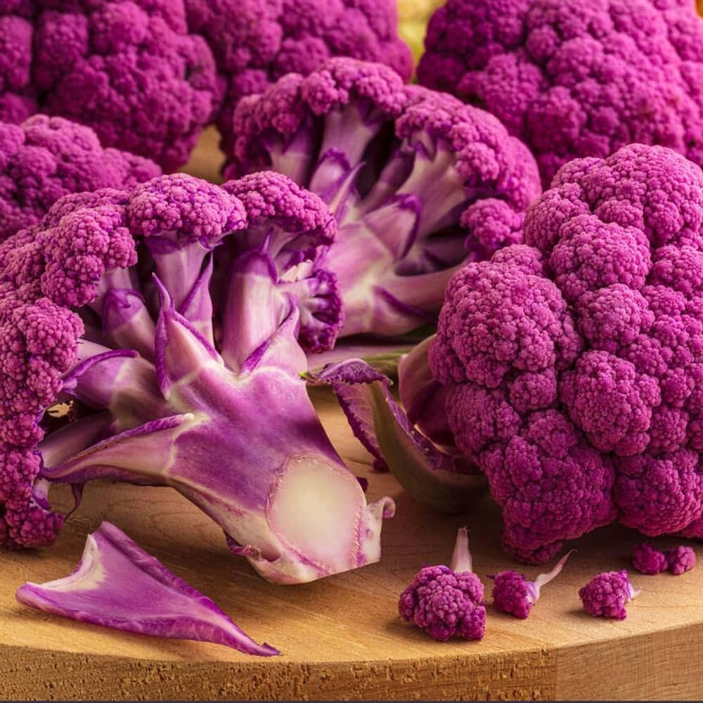 Purple Cauliflower 桌布 壁紙 — 充滿活力的紫色椰菜花頭，帶有複雜的小花，放在溫暖的木砧板上。