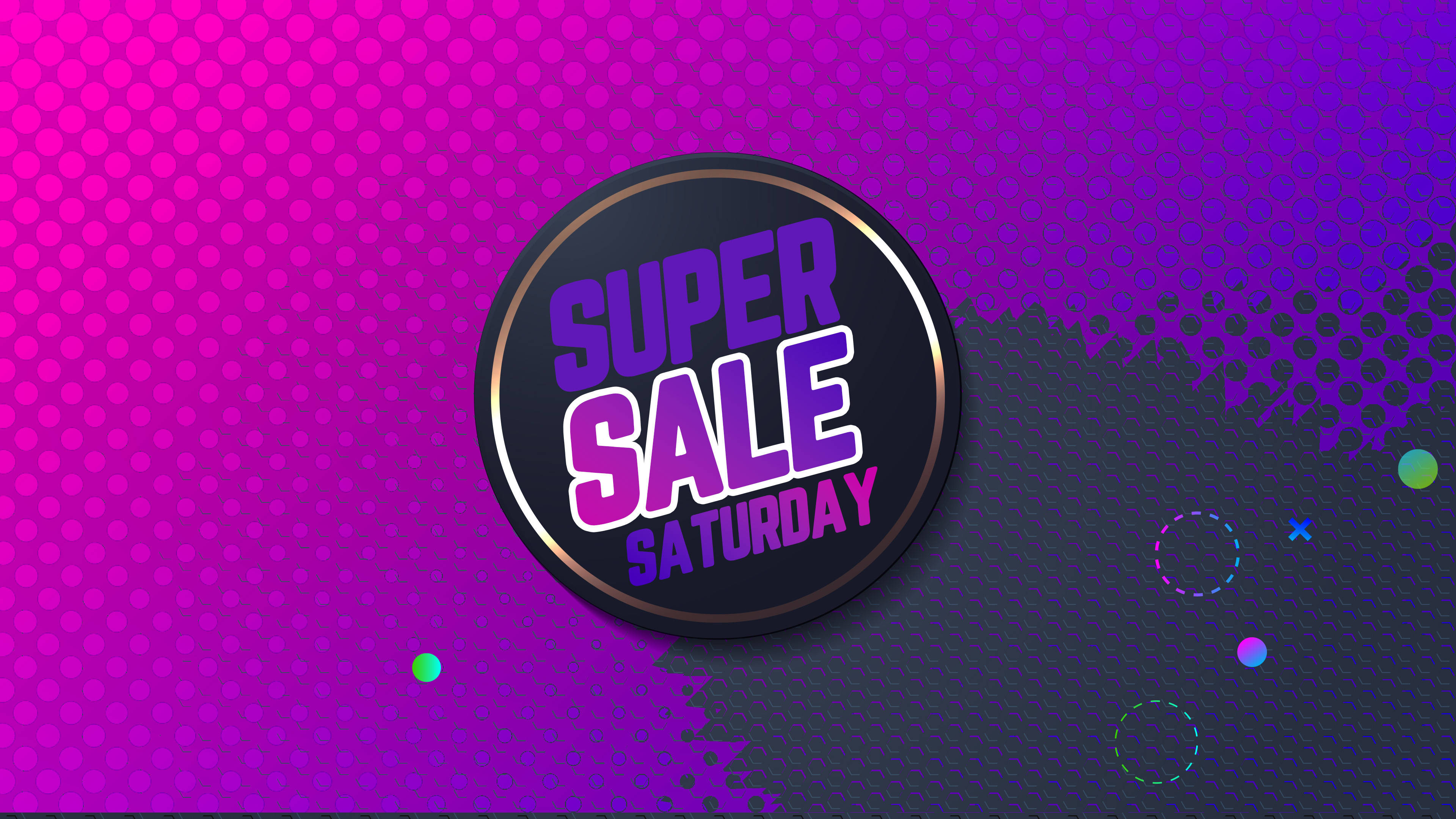 saturday 桌布 壁紙 — 充滿活力的紫色漸變背景，一個大膽的圓形徽章宣佈「Super Sale Saturday」，周圍環繞著色彩繽紛的幾何裝飾。