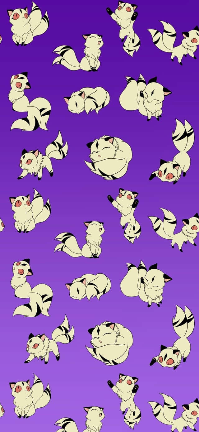 Kirara 桌布 壁紙 — 充滿活力的紫色牆紙，帶有重複的可愛卡通狐狸圖案，呈現各種俏皮姿勢。