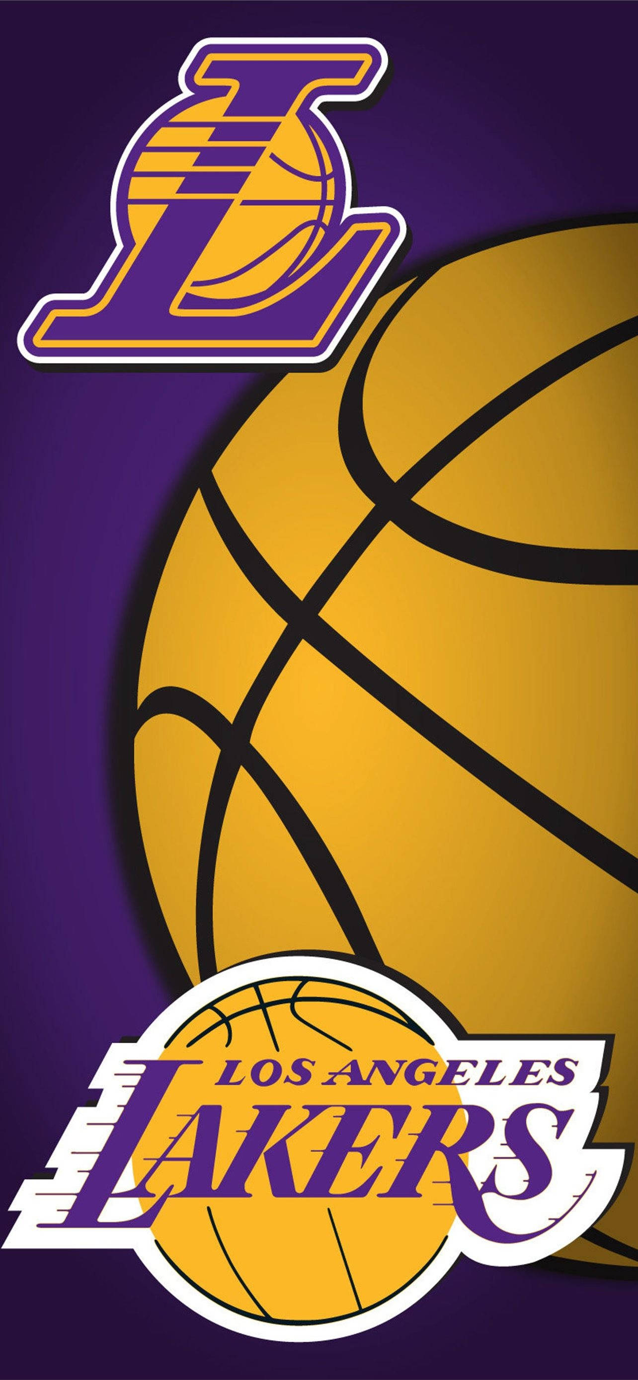 NBA 桌布 壁紙 — 充滿活力的紫色背景上，有一個帶黑色縫線的大型黃色籃球，並突出顯示洛杉磯湖人隊的標誌。