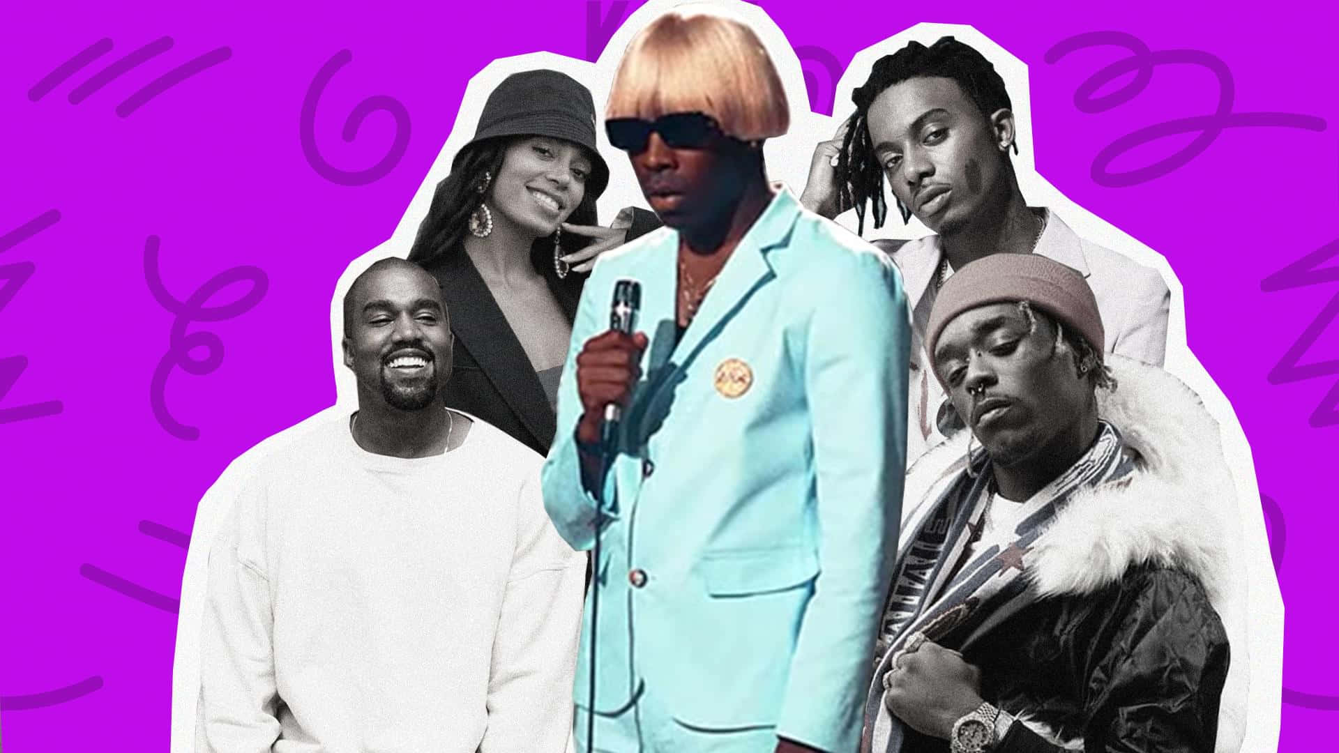 tyler the creator 桌布 壁紙 — 充滿活力的紫色背景上，有五個風格化的名人肖像，帶有粗體白色輪廓和抽象塗鴉。