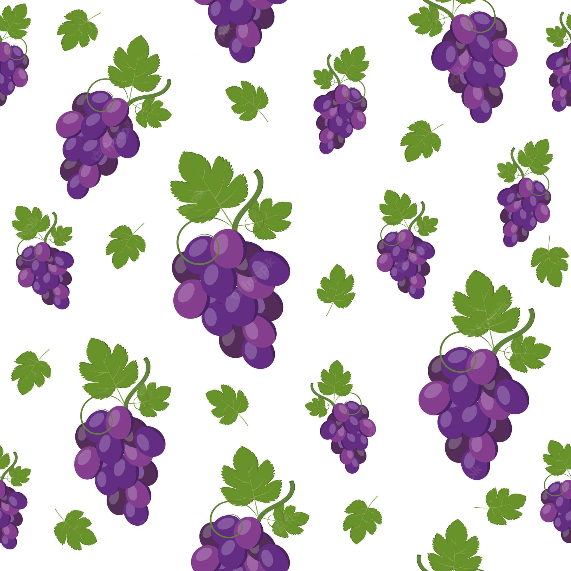 Grapes 桌布 壁紙 — 充滿活力的紫色葡萄串，帶有綠色葉子，散落在乾淨的白色背景上，形成重複圖案。