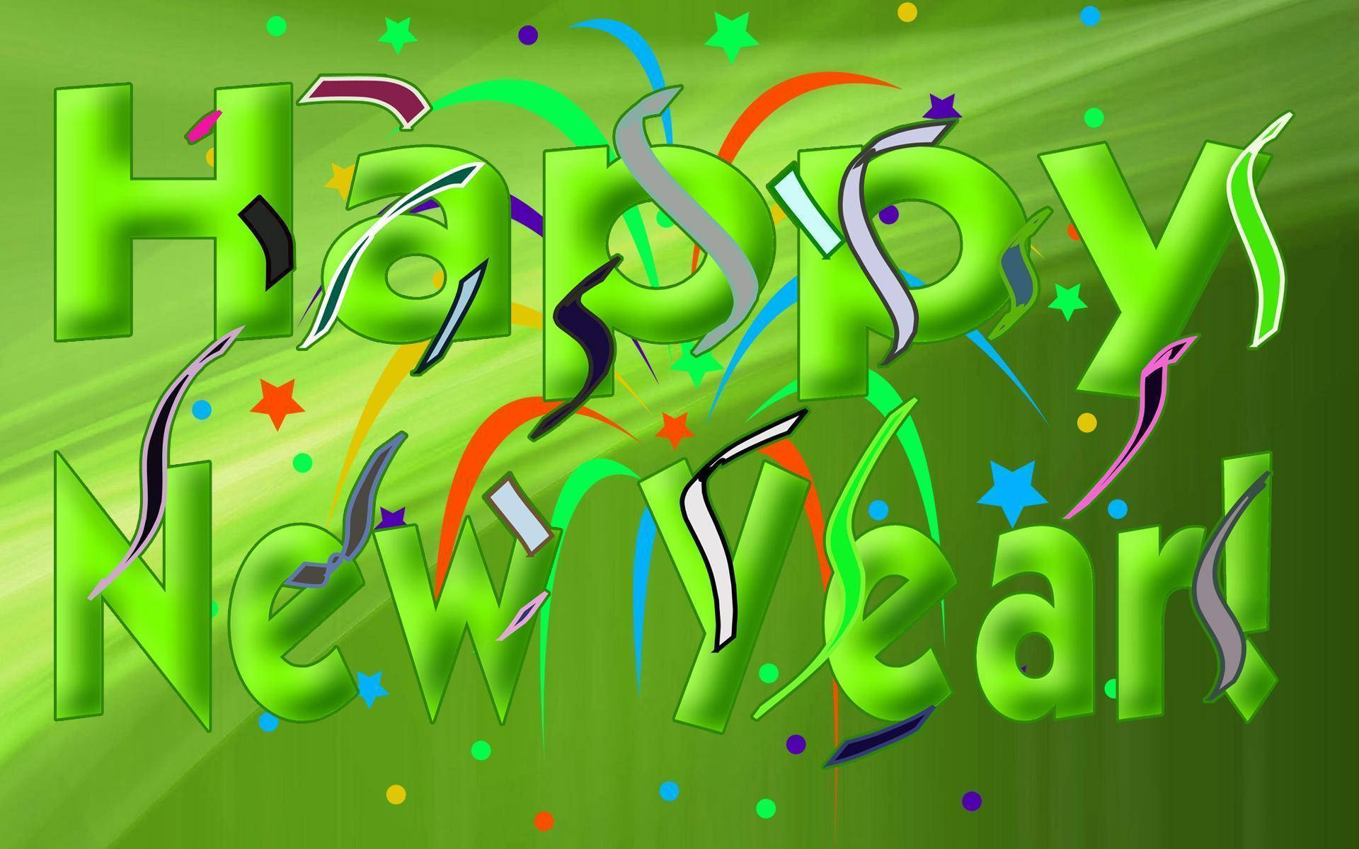 新年快樂 桌布 壁紙 — 充滿活力的綠色「Happy New Year!」文字在燦爛的漸變背景上爆發出五彩繽紛的紙屑和彩帶。