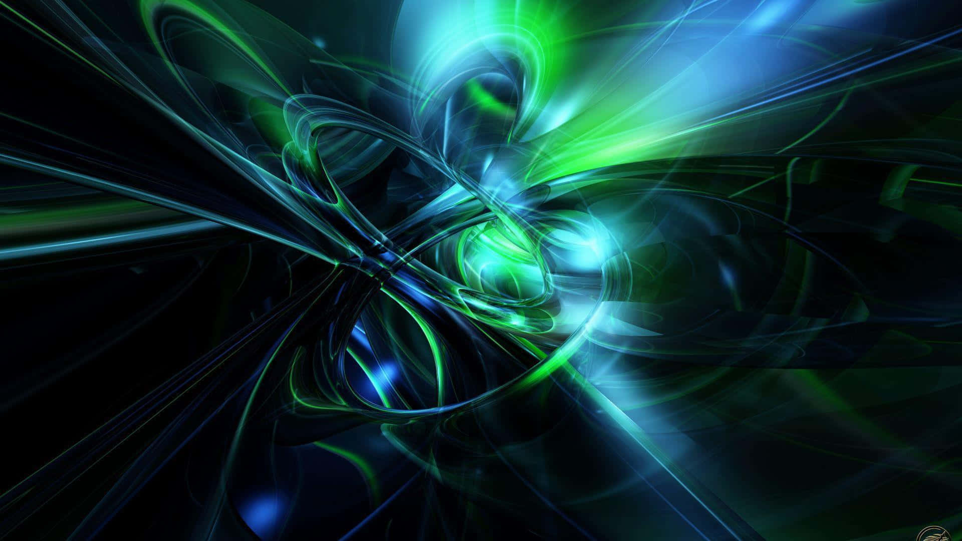 Plasma 桌布 壁紙 — 充滿活力的綠色和藍色能量流在黑暗背景上動態旋轉，形成數字抽象構圖。
