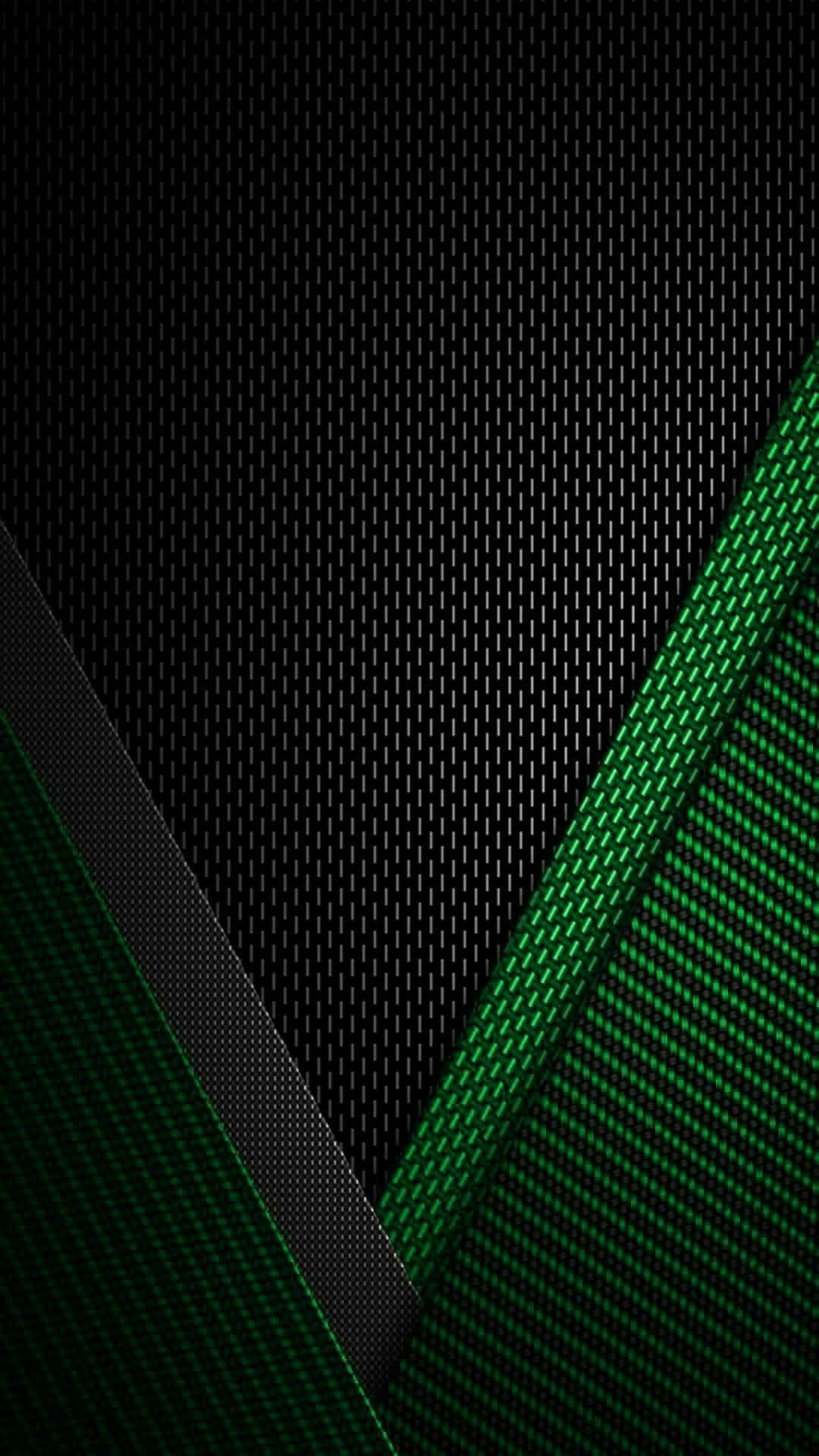 Green Phone 桌布 壁紙 — 充滿活力的綠色和黑色碳纖維面板在紋理深色背景上形成銳利的對角線。