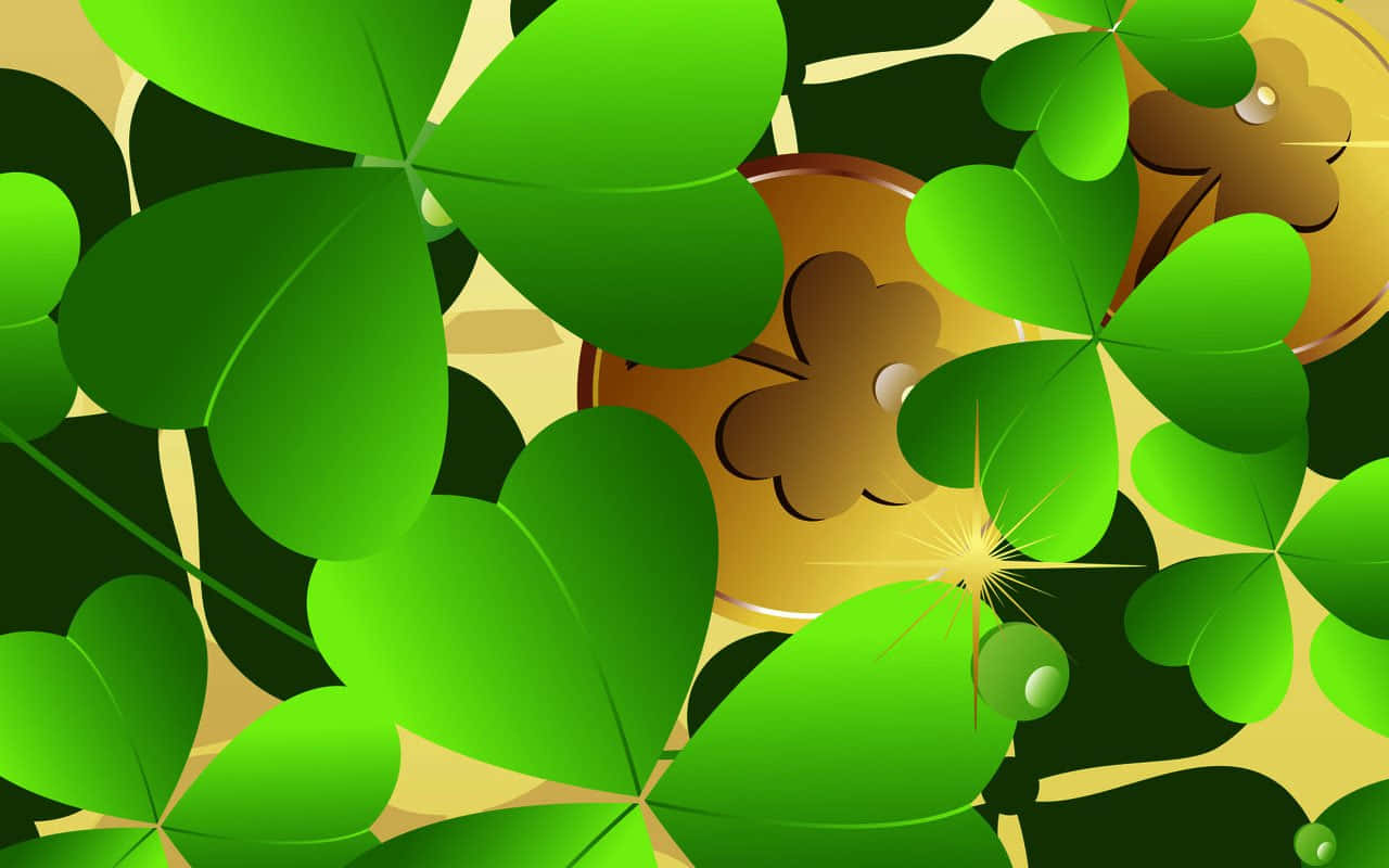 St Patrick's Day 桌布 壁紙 — 充滿活力的綠色四葉草和閃閃發光的金幣營造出節日氣氛的聖帕特里克節圖案。