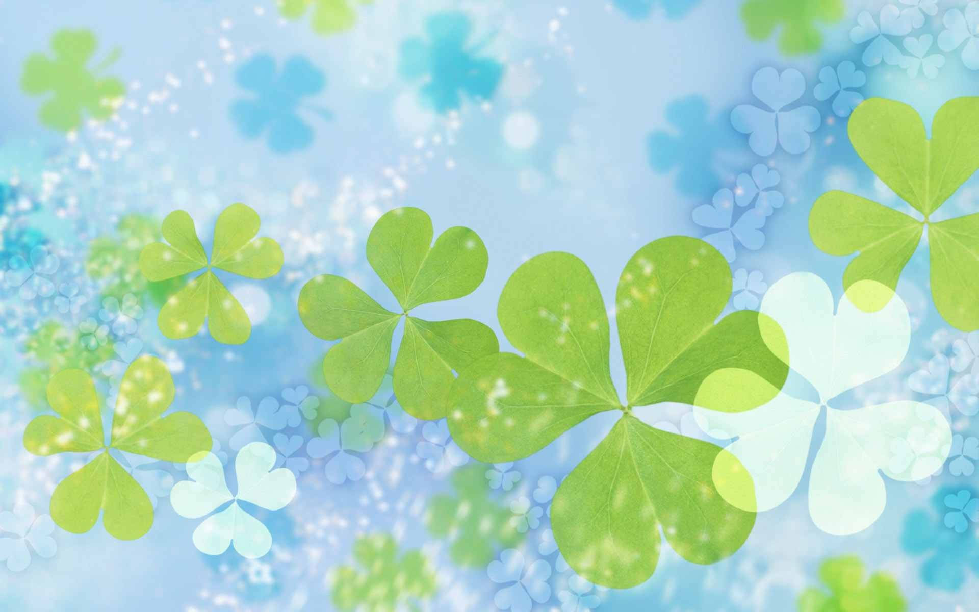 Aesthetic Blue St Patrick's Day 壁紙 — 充滿活力的綠色四葉草在柔和的藍色背景上優雅地漂浮，帶有閃爍的光效。