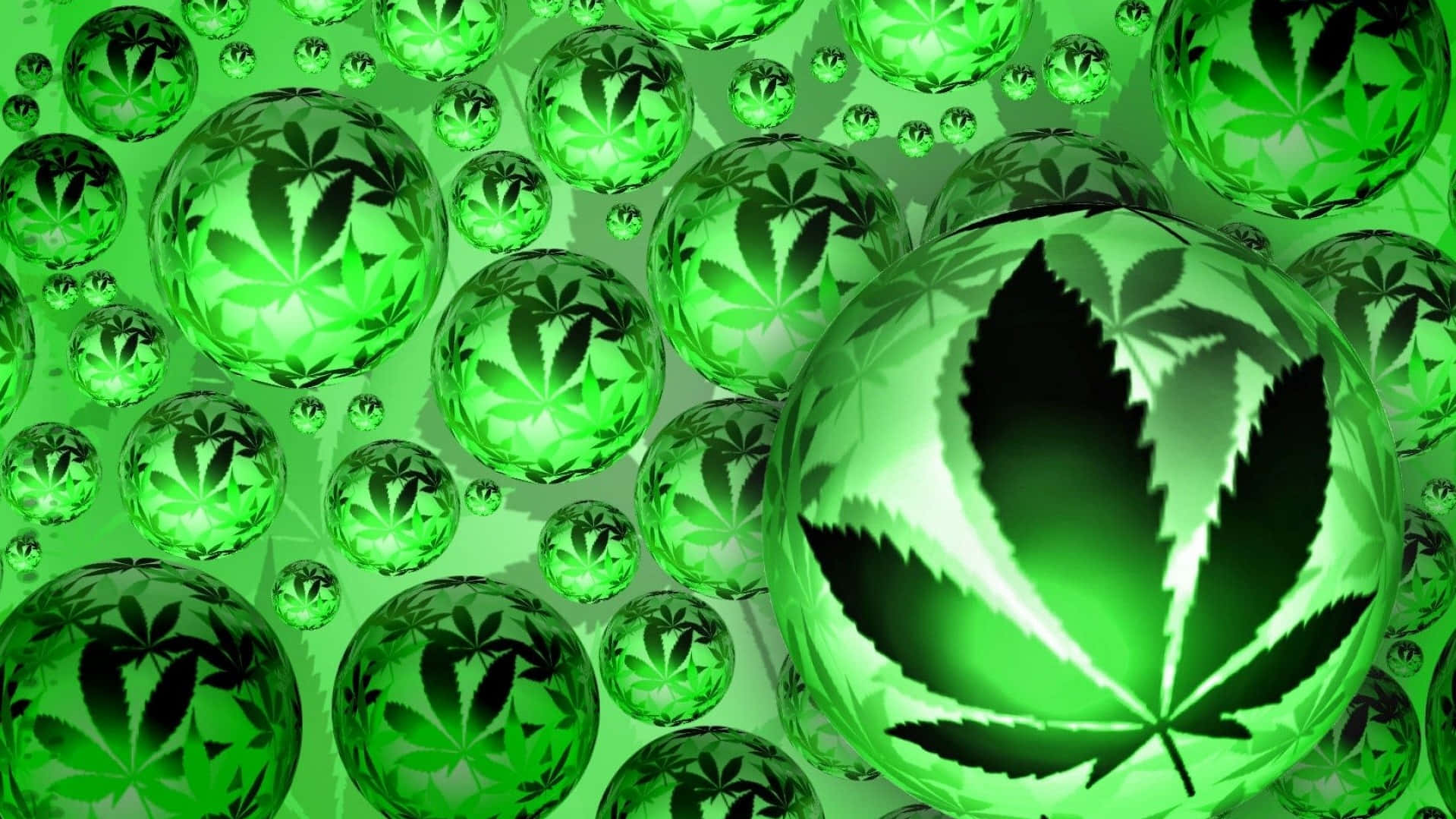 420 桌布 壁紙 — 充滿活力的綠色數碼牆紙，帶有發光的半透明球體，每個球體顯示黑色大麻葉剪影。