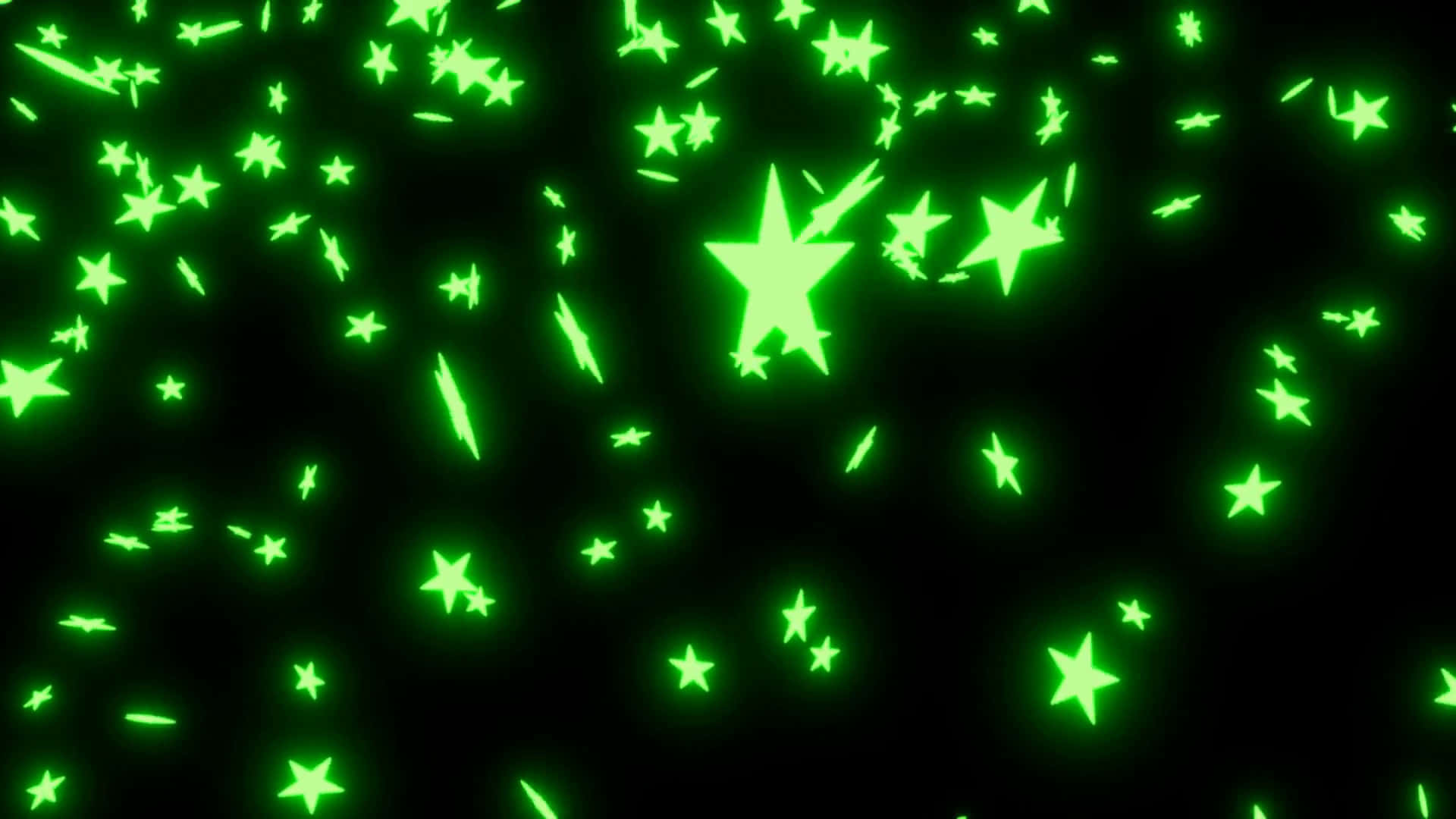 Black And Green 桌布 壁紙 — 充滿活力的綠色發光星星和條紋在深邃的黑色虛空中動態漂浮，營造出宇宙數位閃爍效果。