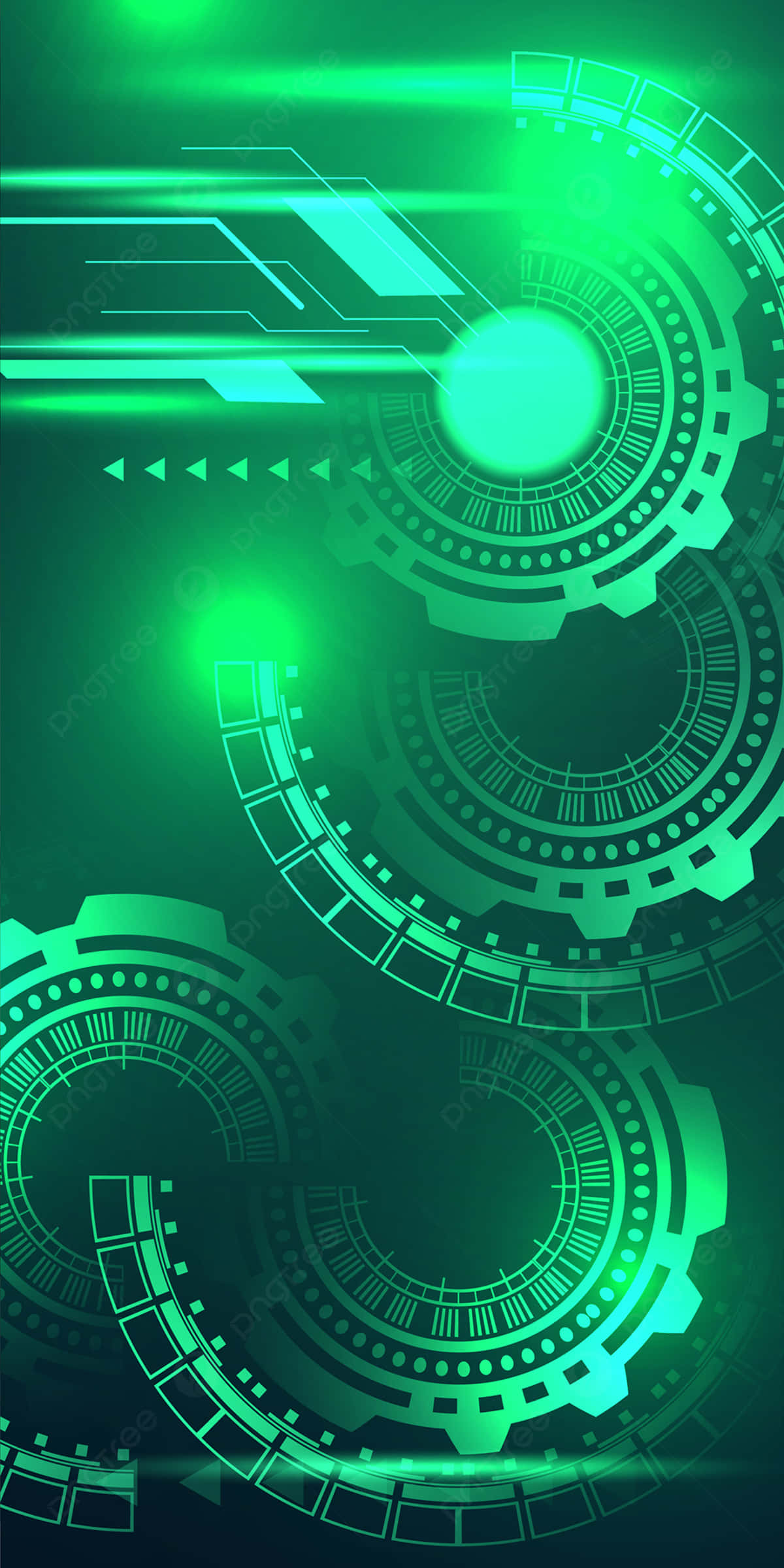 Green Technology 桌布 壁紙 — 充滿活力的綠色發光未來感介面，帶有分層圓形科技元素和光條，背景為深色漸變。