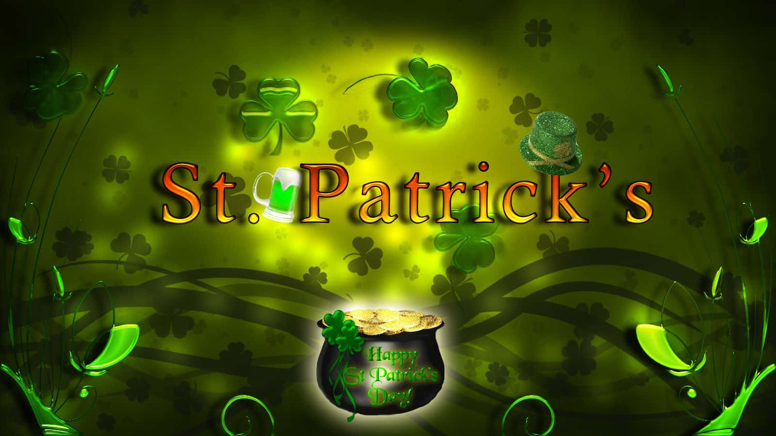 Saint Patricks Day 桌布 壁紙 — 充滿活力的綠色聖帕特里克節壁紙，帶有發光的三葉草、小妖精帽子和一罐黃金，背景是燦爛的漸變色。