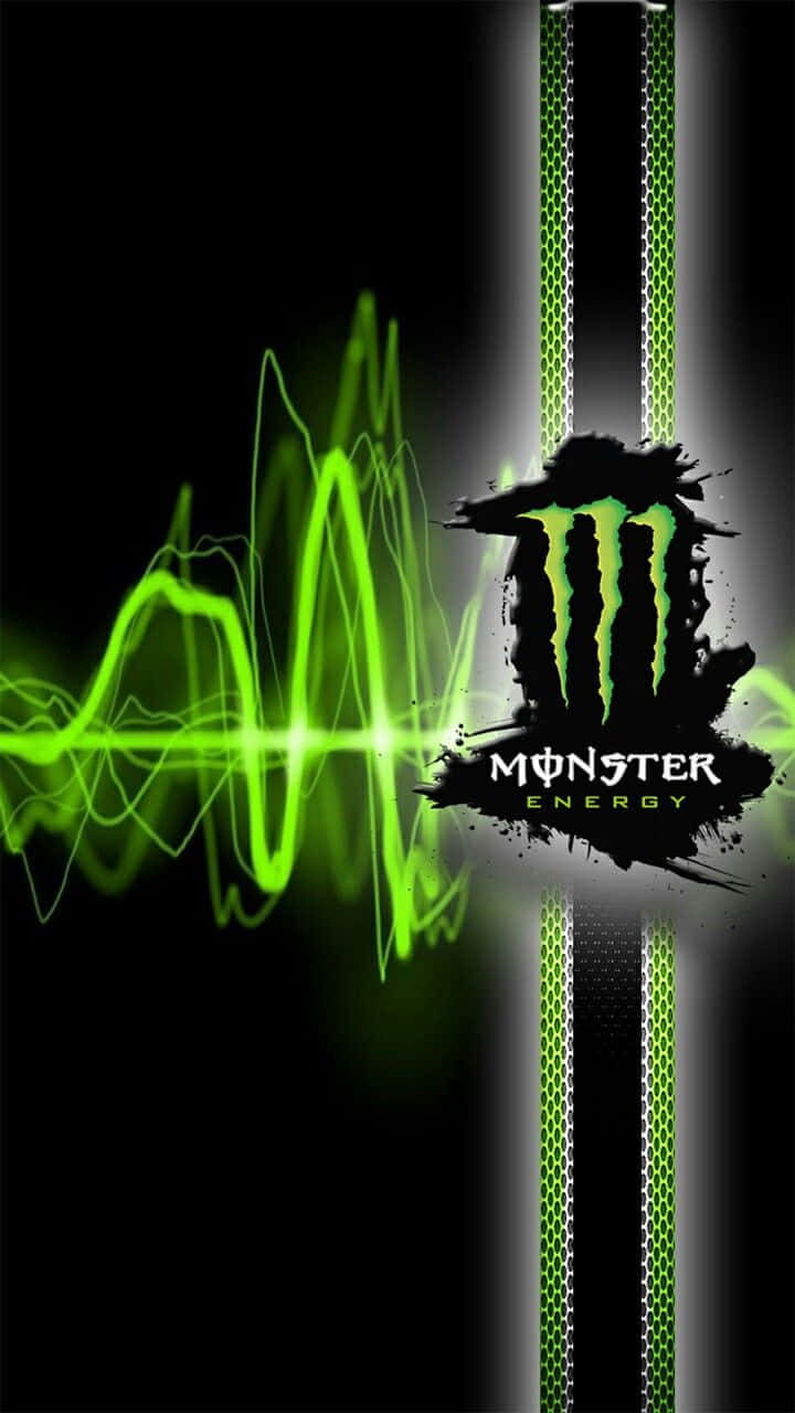 Monster Energy 桌布 壁紙 — 充滿活力的綠色能量波在標誌性的Monster Energy標誌旁邊脈動，背景為純黑色。