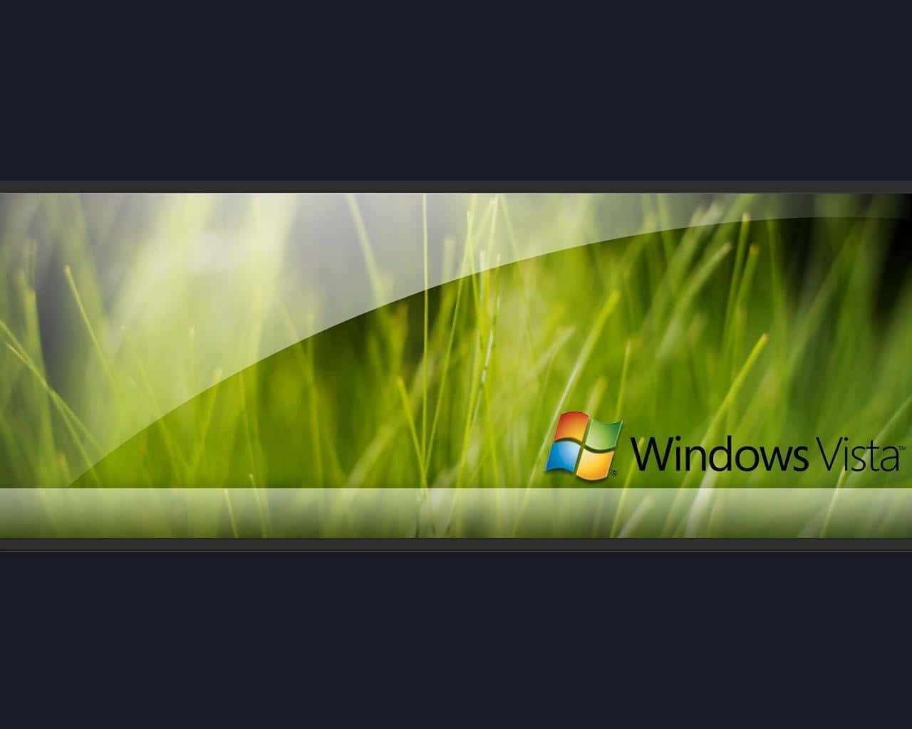 Windows Vista 桌布 壁紙 — 充滿活力的綠色草葉在彎曲的玻璃覆蓋層下柔和模糊，中央放置 Windows Vista 標誌。