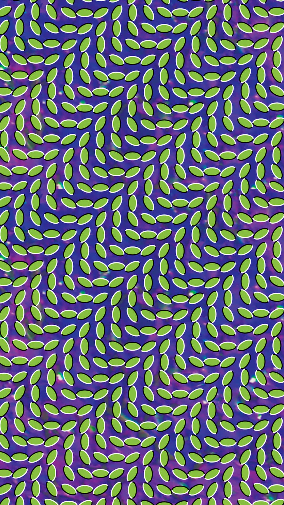 Optical Illusions 桌布 壁紙 — 充滿活力的綠色葉片形狀在宇宙紫色和藍色漸變背景上形成催眠般的重複圖案。