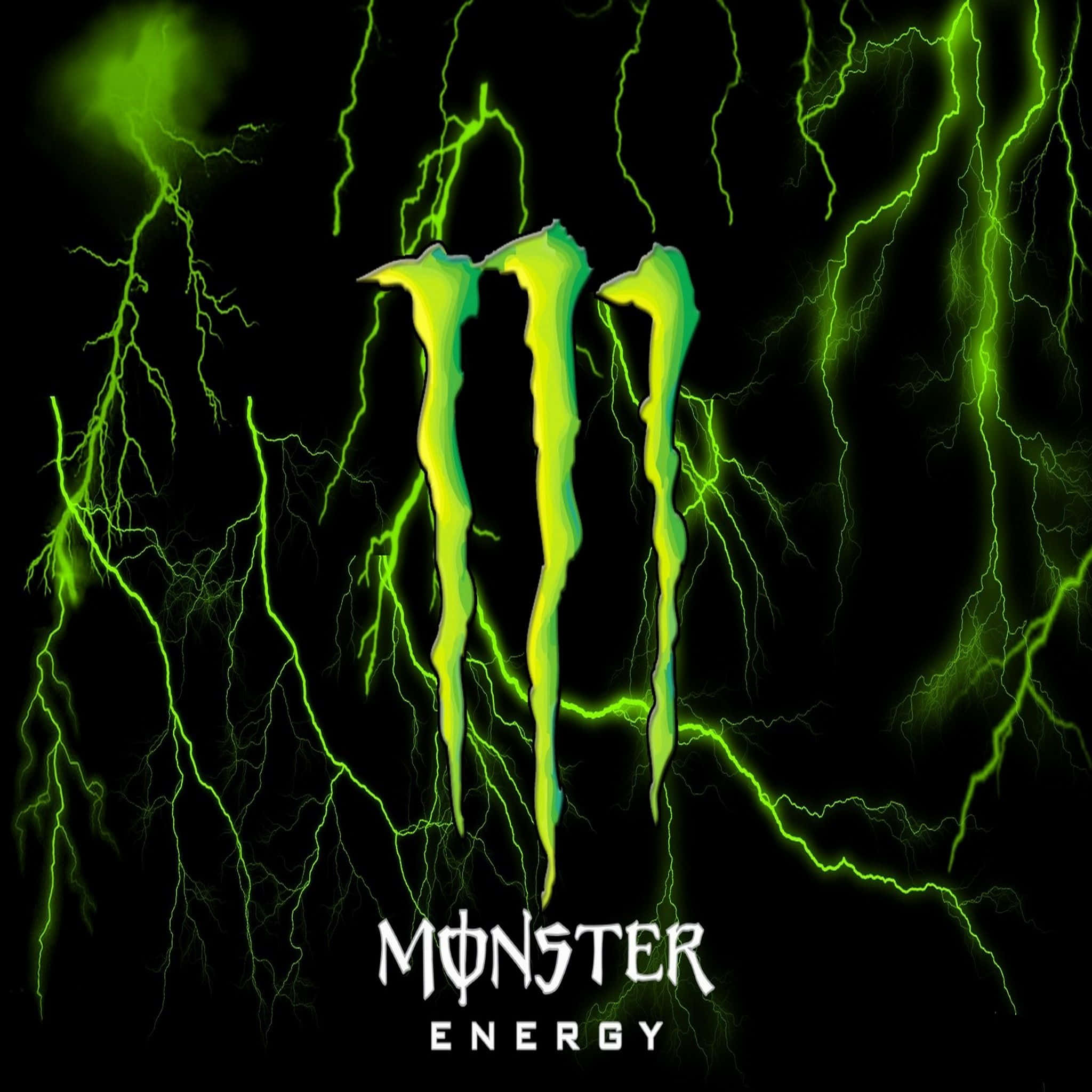 Monster Energy 桌布 壁紙 — 充滿活力的綠色閃電在黑色背景上圍繞發光的Monster Energy標誌噼啪作響。