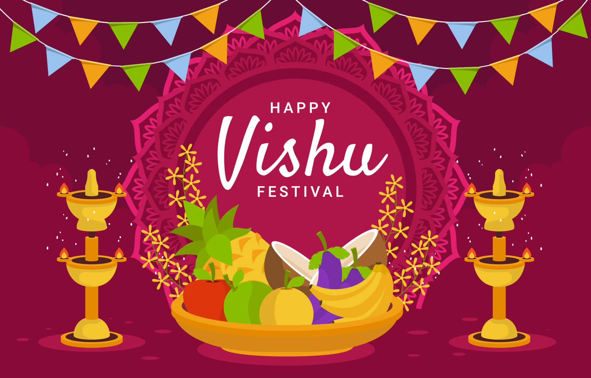 Vishu 桌布 壁紙 — 充滿活力的維舒節插圖，色彩繽紛的水果碗兩旁有金色燈籠和節日彩旗，背景為深洋紅色。