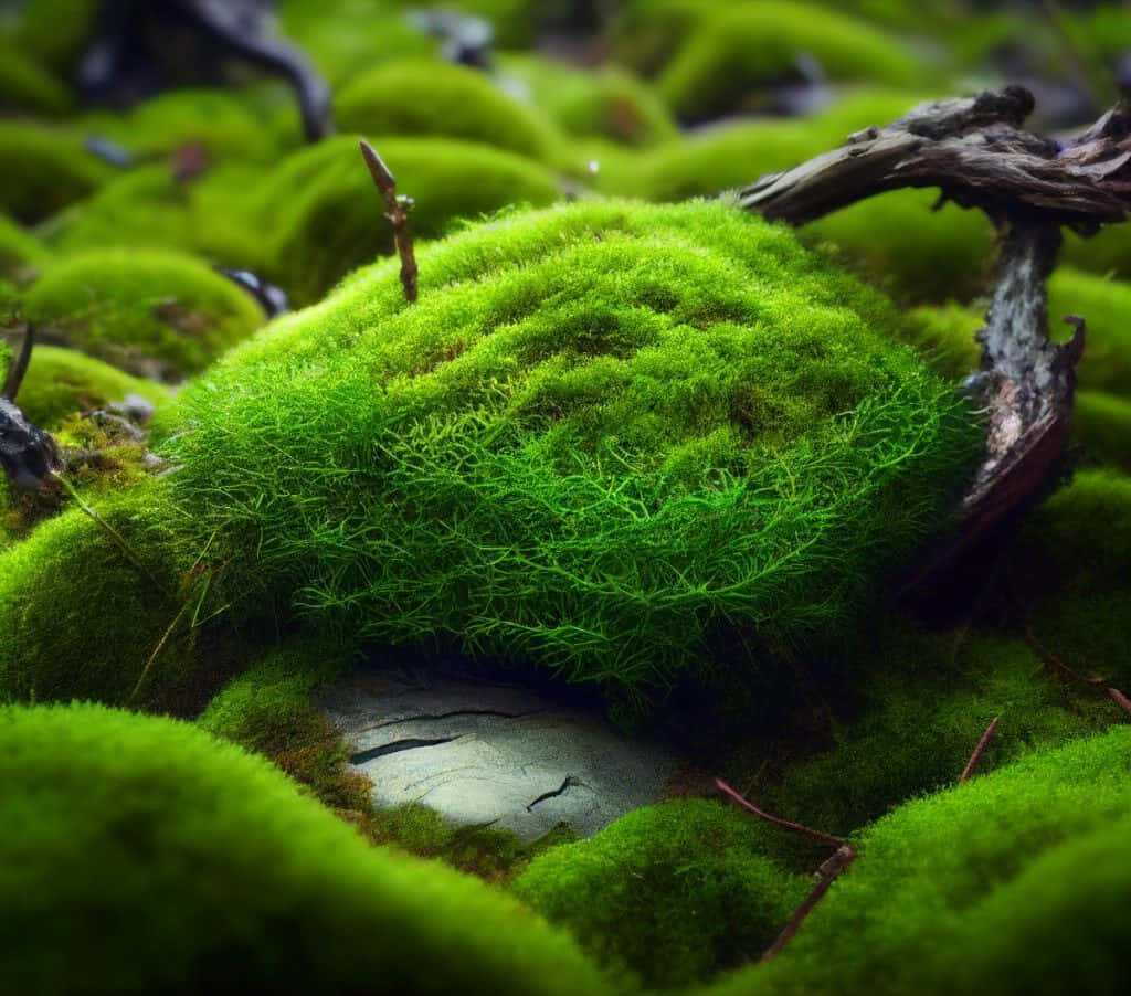 Green Moss 桌布 壁紙 — 充滿活力的翡翠綠色苔蘚覆蓋著森林地面，帶有柔軟的質感和散落的樹枝，在斑駁的光線下。