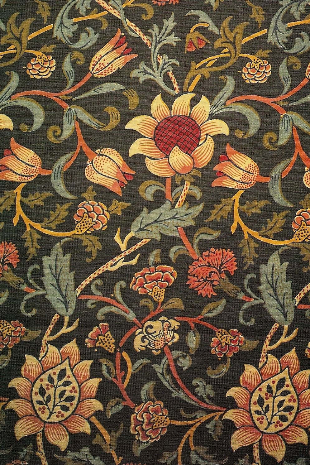 Textile Art 桌布 壁紙 — 充滿活力的花卉圖案，在深色紋理布料上呈現橙色、黃色和藍綠色的花朵。
