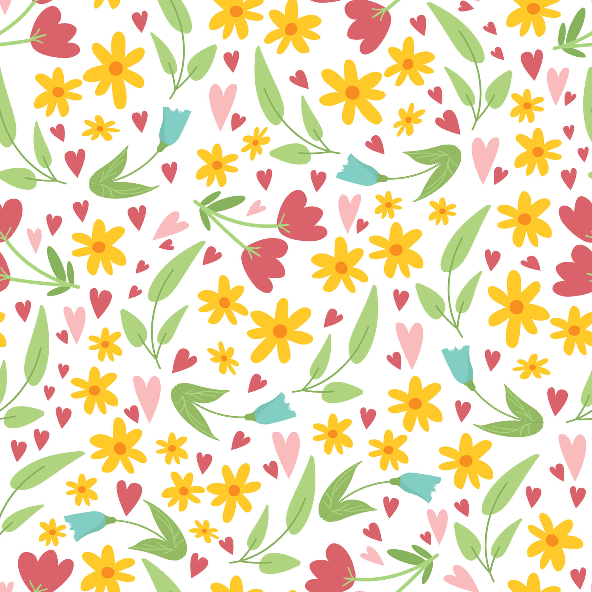 Floral Pattern 桌布 壁紙 — 充滿活力的花卉圖案，帶有黃色、紅色和藍綠色的花朵、綠色葉子和粉紅色心形，背景為白色。