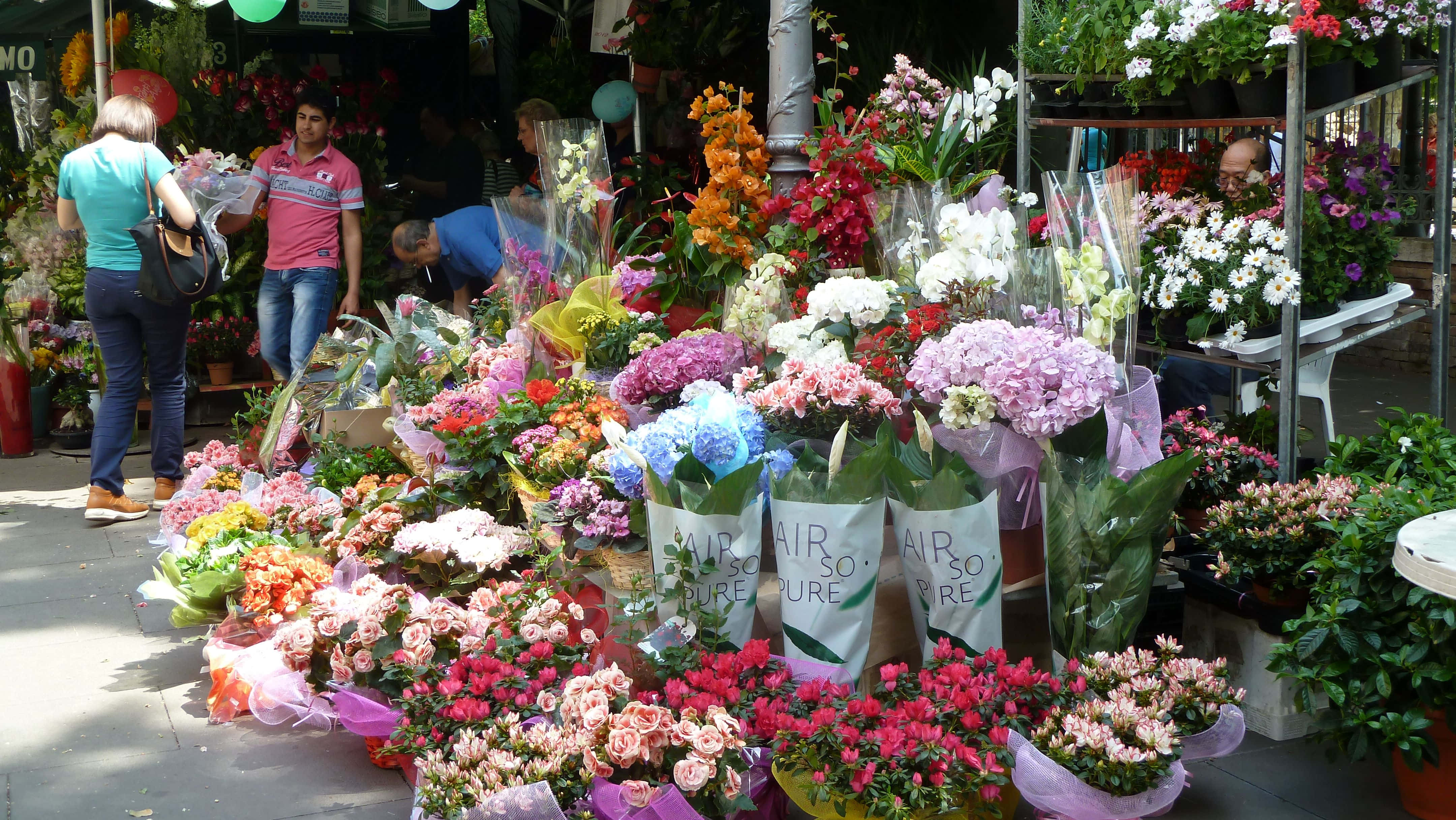 Flower Market 桌布 壁紙 — 充滿活力的花攤在明亮的日光下，在熙攘的戶外市場中堆滿了色彩繽紛的花朵。