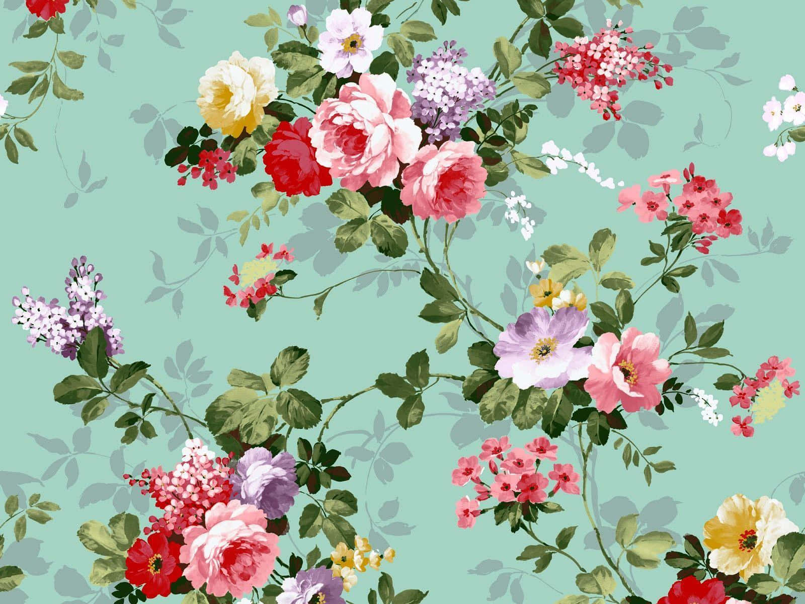 Tumblr Flower 桌布 壁紙 — 充滿活力的花束，玫瑰和丁香花在薄荷綠背景上綻放。