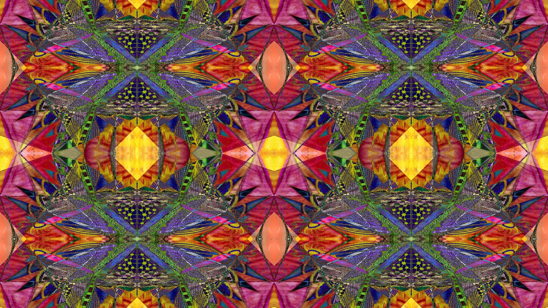 Trippy 3d Art 桌布 壁紙 — 充滿活力的萬花筒圖案，具有對稱的幾何形狀，採用大膽的洋紅色、黃色、綠色和橙色色調。