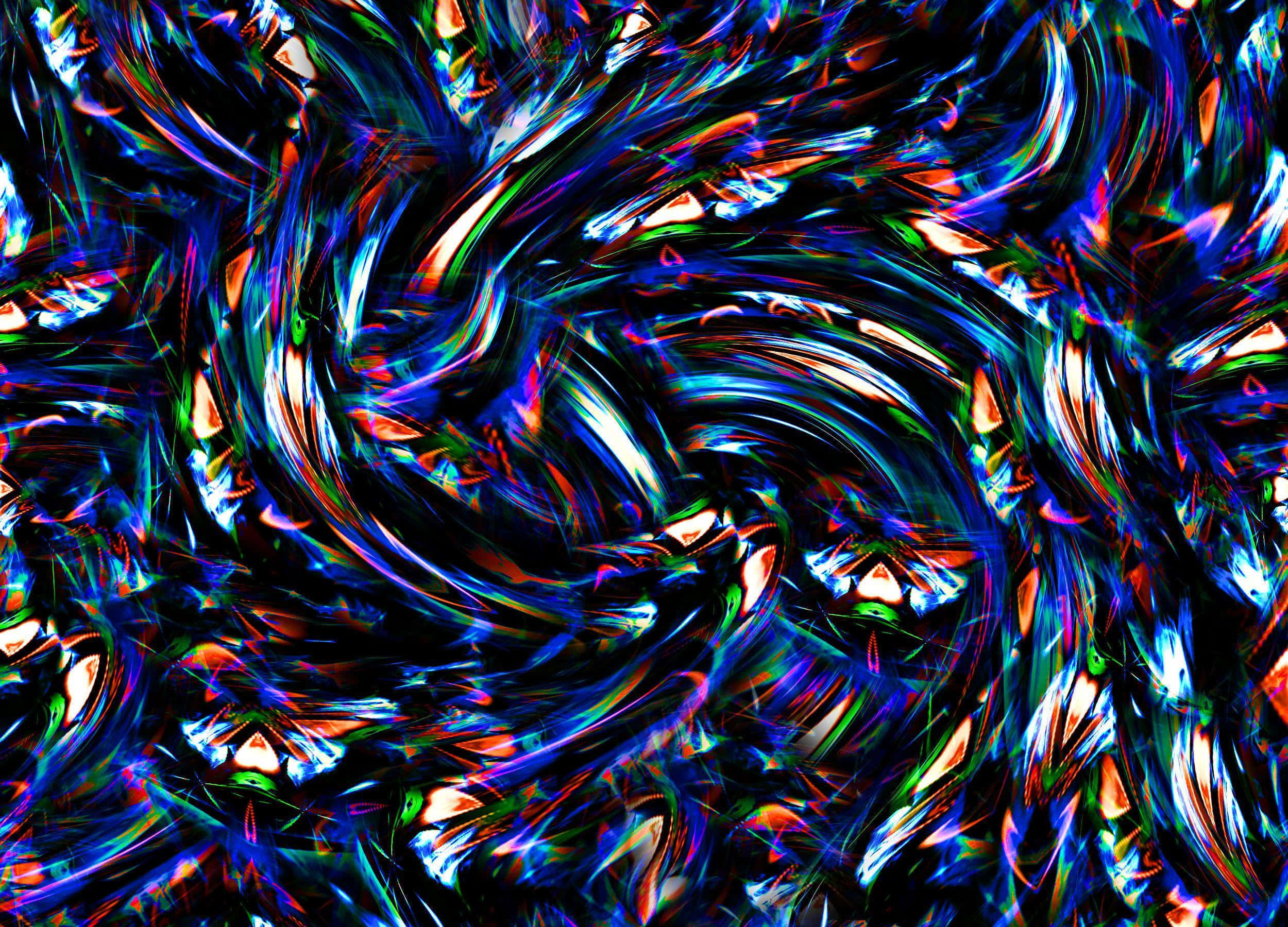 Perception 桌布 壁紙 — 充滿活力的藍色、綠色和橙色霓虹漩渦在黑暗的畫布上形成混亂的數碼爆炸。