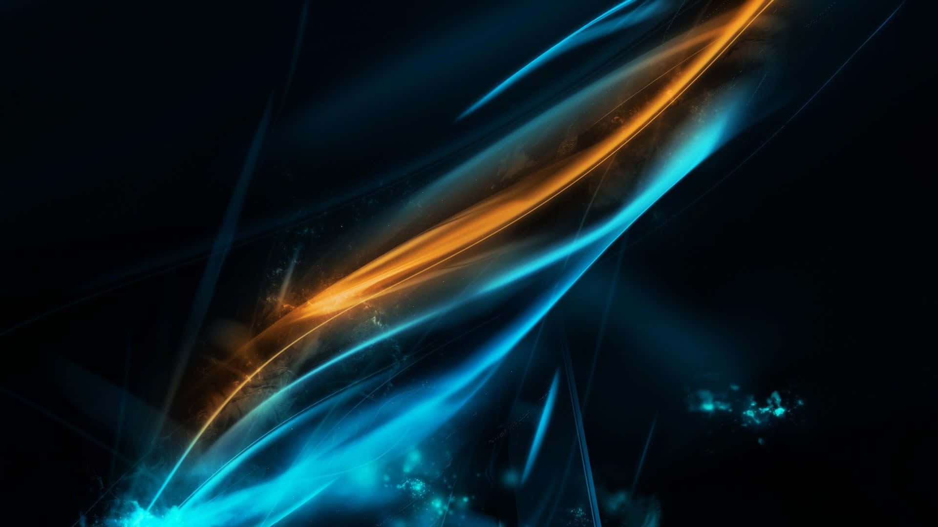 Neon Lights 桌布 壁紙 — 充滿活力的藍色和橙色光線條紋在深黑色背景上動態流動，帶有發光粒子。