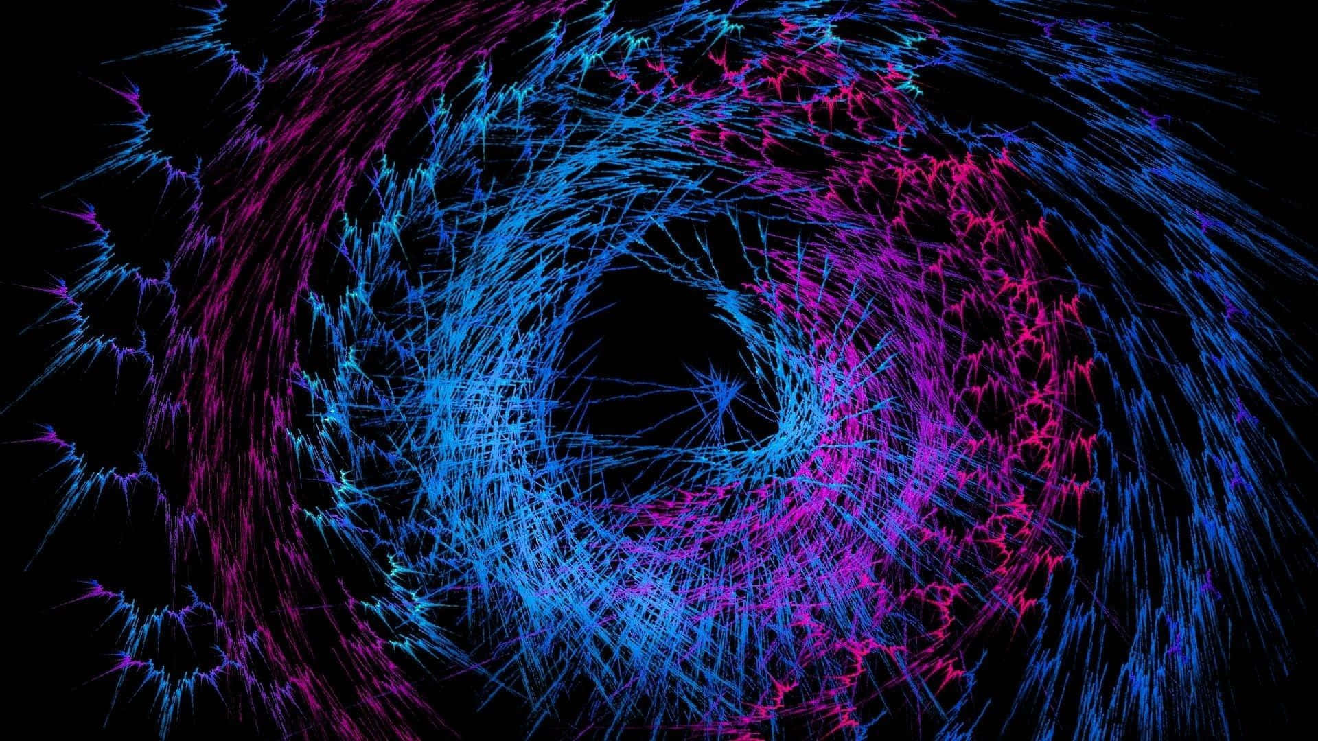 Beautiful Neon 桌布 壁紙 — 充滿活力的藍色和洋紅色分形線條在黑色背景上旋轉成催眠般的漩渦。