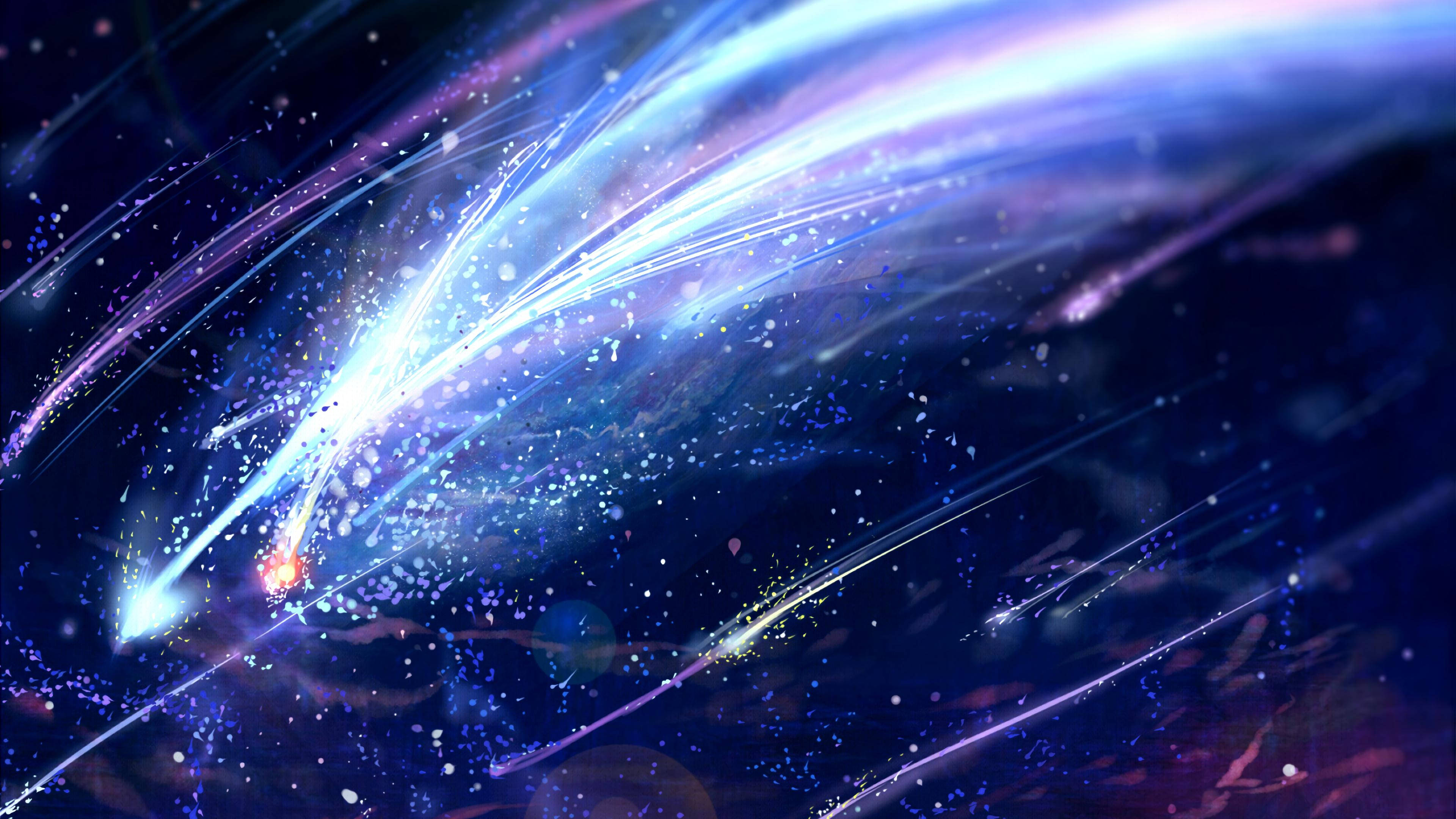 Makoto Shinkai 桌布 壁紙 — 充滿活力的藍色和紫色宇宙光條在黑暗的星空廣闊區域中爆發，伴隨著發光的粒子。