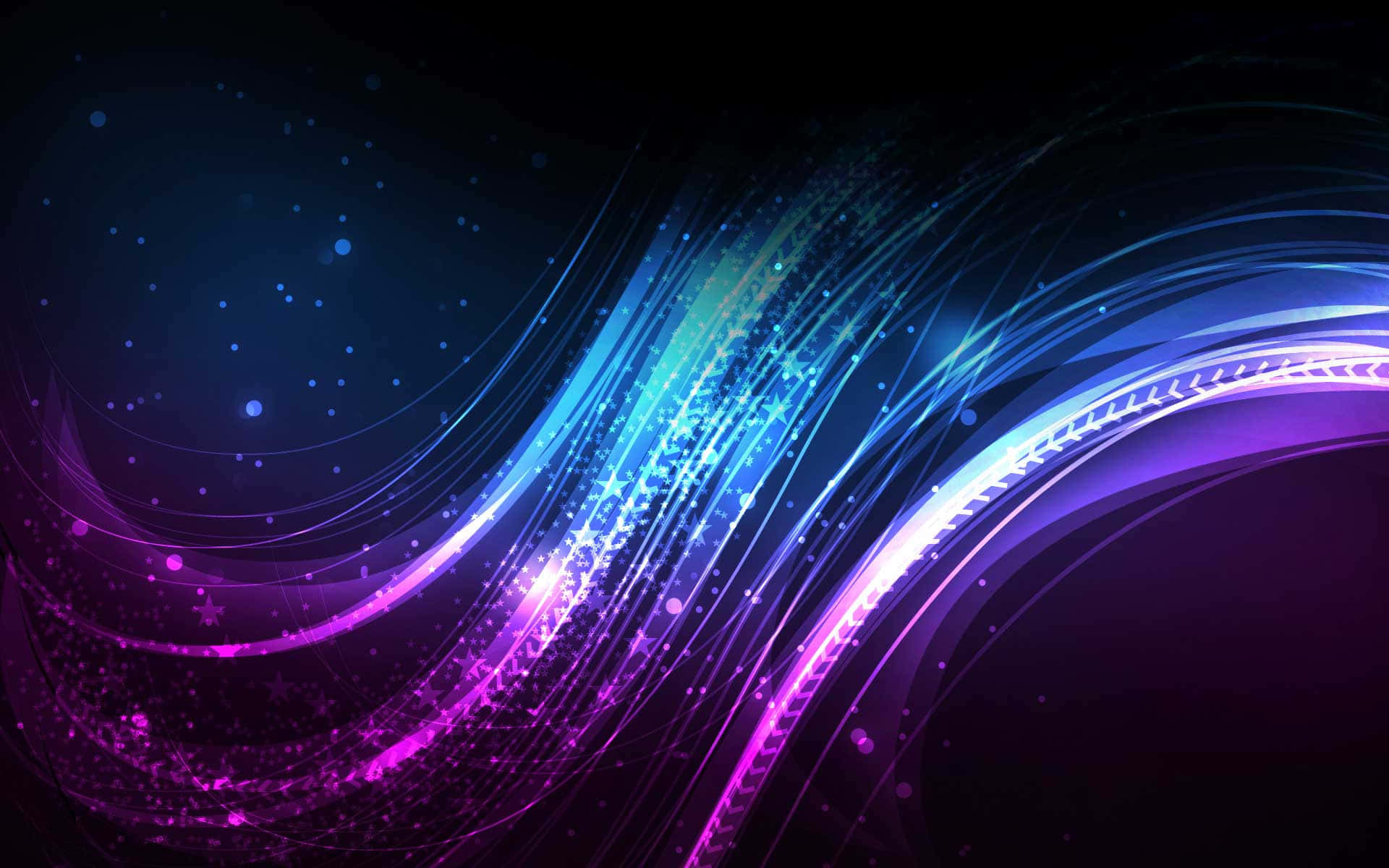 Neon Lights 桌布 壁紙 — 充滿活力的藍色和紫色數碼波浪在深色背景上流動，閃爍著發光粒子和星狀光點。