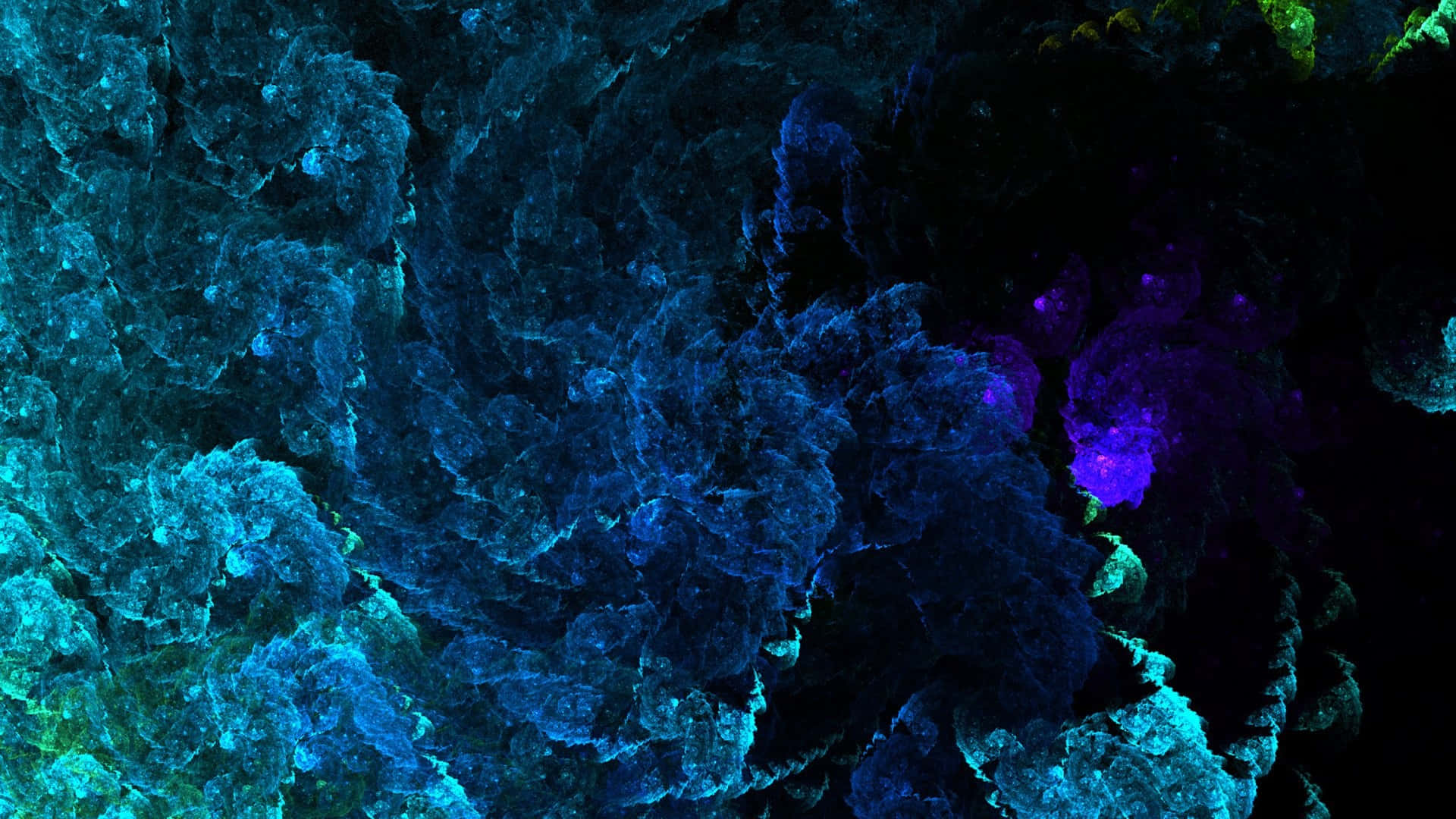 Dark Abstract Art 桌布 壁紙 — 充滿活力的藍色和紫色星雲狀雲朵在深邃的黑色宇宙虛空中旋轉，帶有發光的紋理。