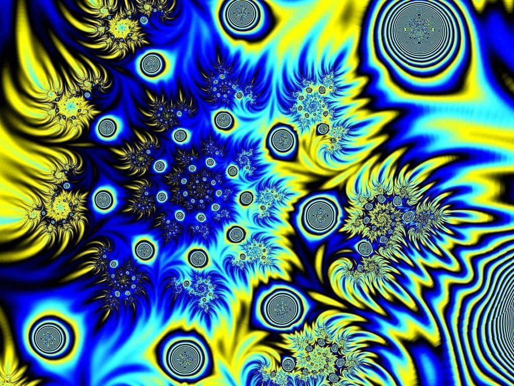 Trippy 3d Art 桌布 壁紙 — 充滿活力的藍色和黃色分形圖案，帶有發光的圓形圖案和複雜的幾何設計，盤旋交織。