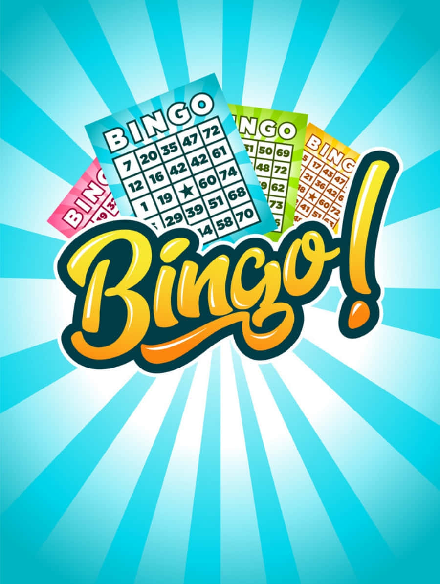 Bingo 桌布 壁紙 — 充滿活力的藍色放射背景在色彩繽紛的賓果卡和醒目的黃色「Bingo!」標誌後方爆發。