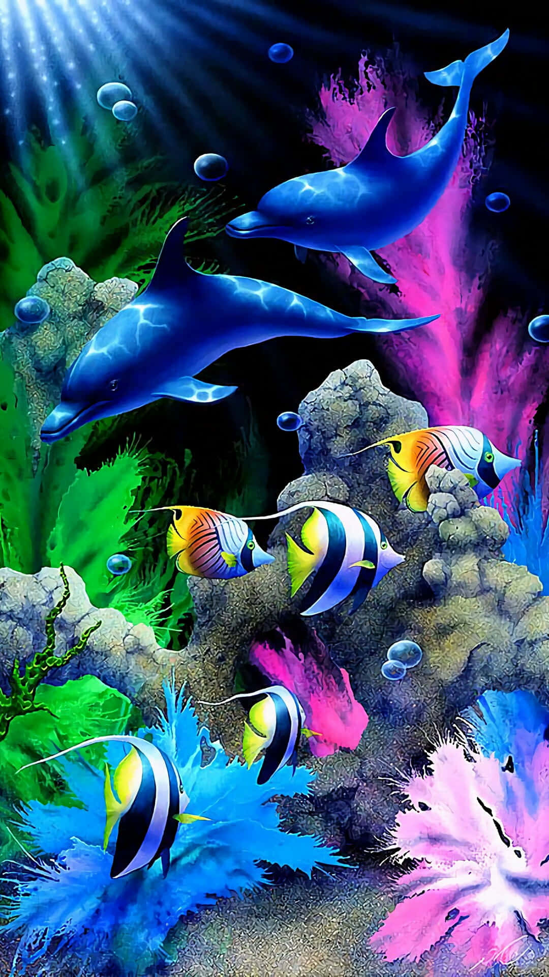 Kawaii Sea Creatures 桌布 壁紙 — 充滿活力的藍色海豚在戲劇性的水下光線中，穿過霓虹珊瑚礁，伴隨著色彩繽紛的魚類和發光的氣泡滑行。