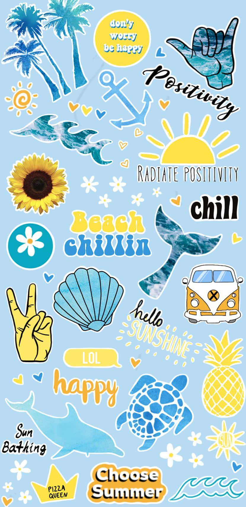 Cute Stickers 桌布 壁紙 — 充滿活力的藍色牆紙拼貼，包含沙灘主題貼紙，如棕櫚樹、太陽、海龜和VW麵包車，並帶有歡樂積極的短語。