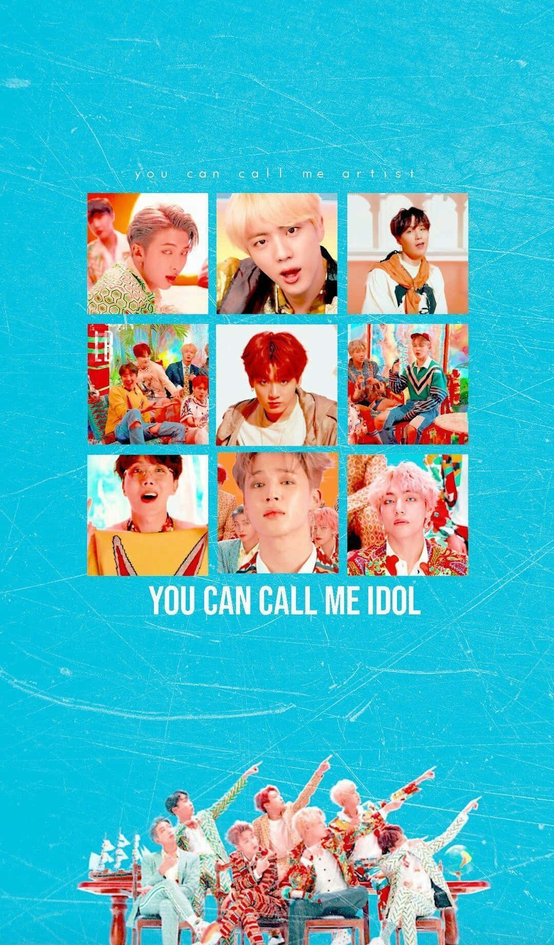 The Idol 桌布 壁紙 — 充滿活力的藍色紋理壁紙，上面有九個色彩繽紛的K-pop偶像肖像網格，下方有'you can call me artist'和'YOU CAN CALL ME IDOL'的文字。