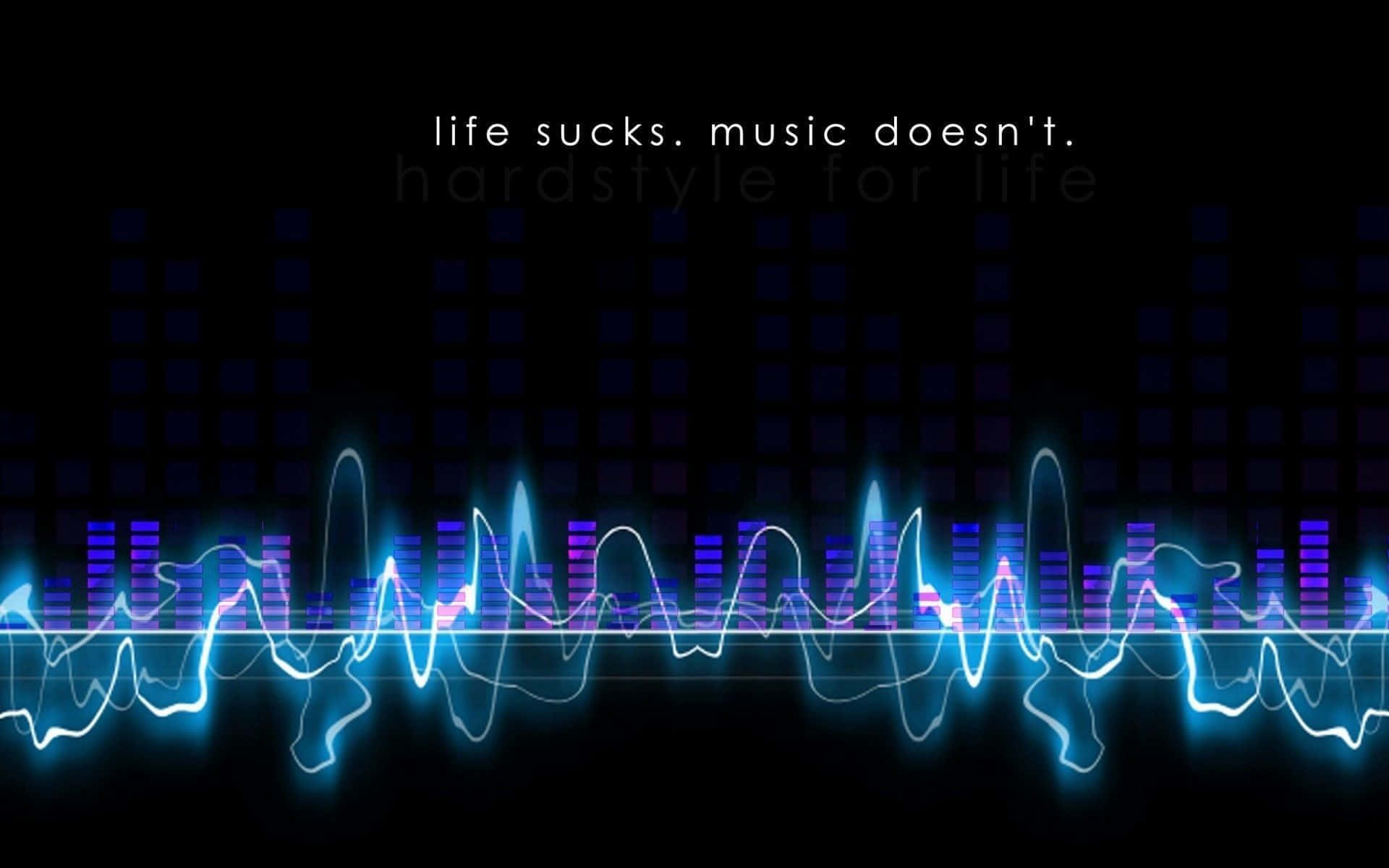 Musical 桌布 壁紙 — 充滿活力的藍色霓虹聲波在黑暗背景上脈動，帶有發光的均衡器條和勵志文字。