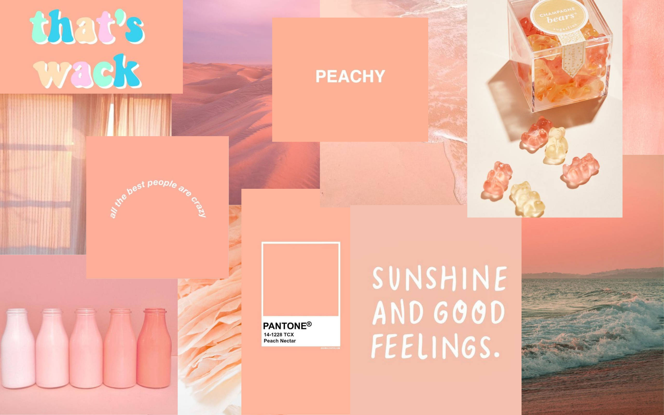 Peach Color Aesthetic 桌布 壁紙 — 充滿活力的蜜桃色拼貼畫，包含文字圖形、牛奶瓶、軟糖熊和海洋波浪，呈現歡樂美學。
