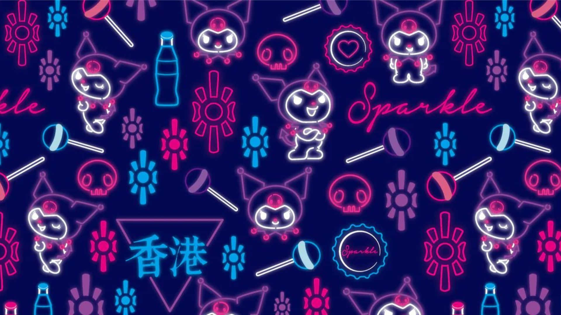 Kuromi Pattern 桌布 壁紙 — 充滿活力的螢光粉紅和藍色卡通角色和符號在深藍色背景上以重複圖案發光。