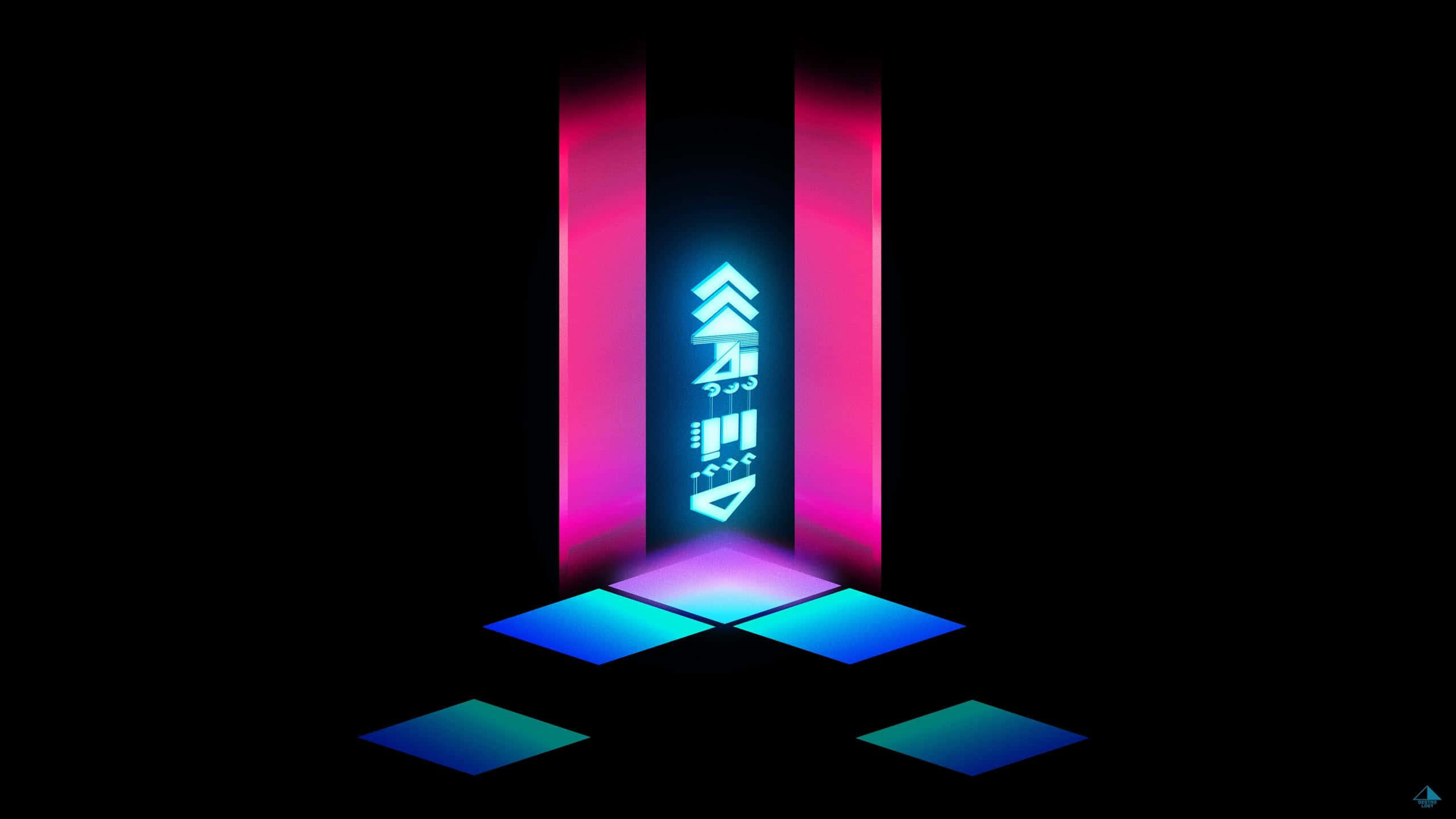 80s Retro 桌布 壁紙 — 充滿活力的螢光粉紅和藍色幾何柱子和地板面板在黑色虛空中發光，帶有抽象發光符號。