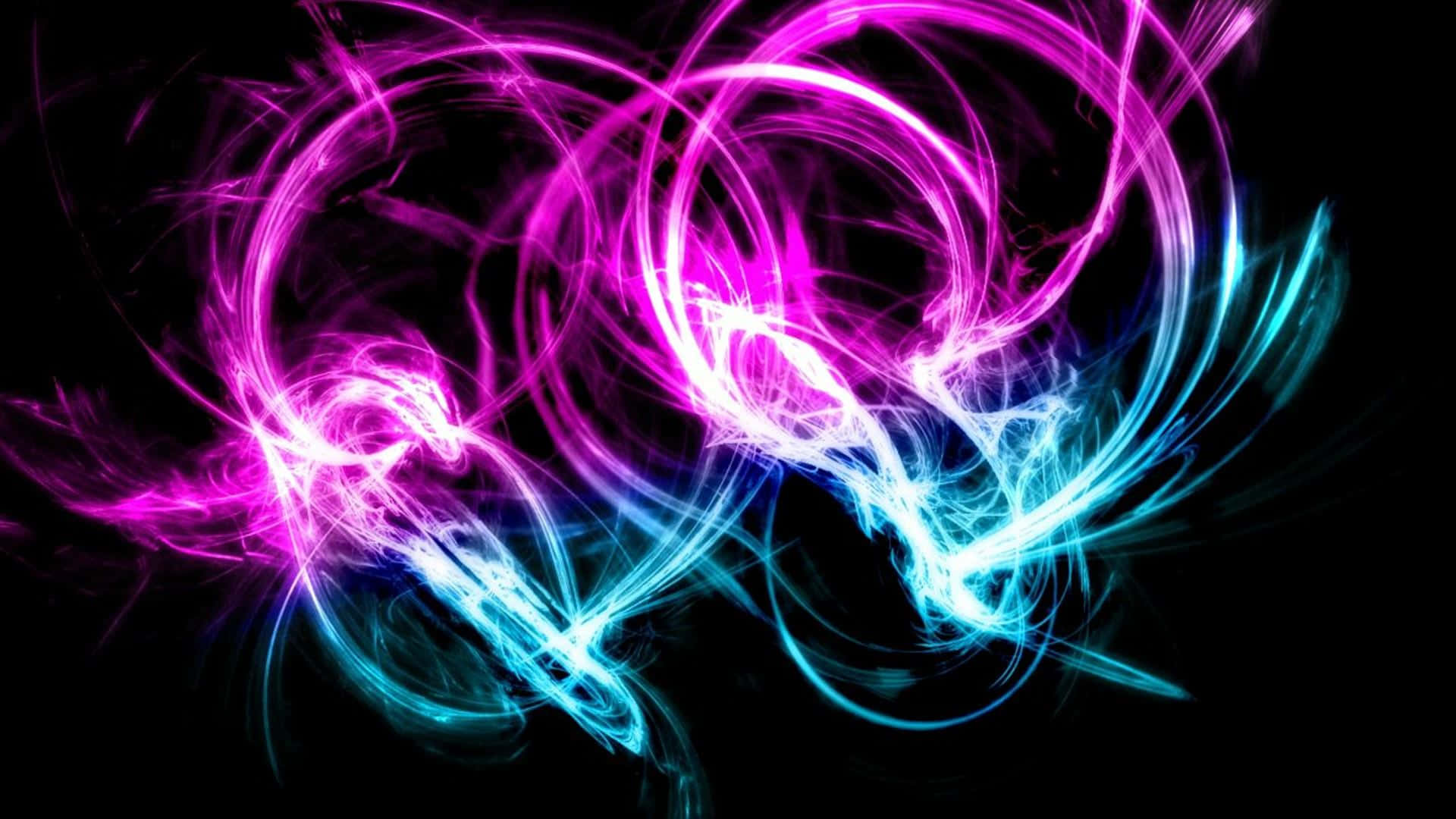 Beautiful Neon 桌布 壁紙 — 充滿活力的螢光粉紅和青色能量漩渦在黑色虛空中形成抽象的心形。