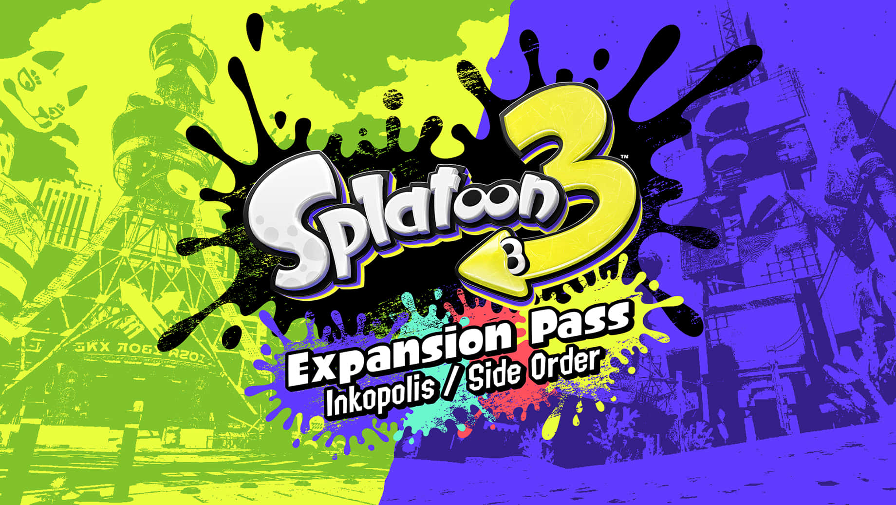 splatoon 桌布 壁紙 — 充滿活力的螢光綠和紫色背景，帶有粗體的Splatoon 3標誌和墨水飛濺效果。
